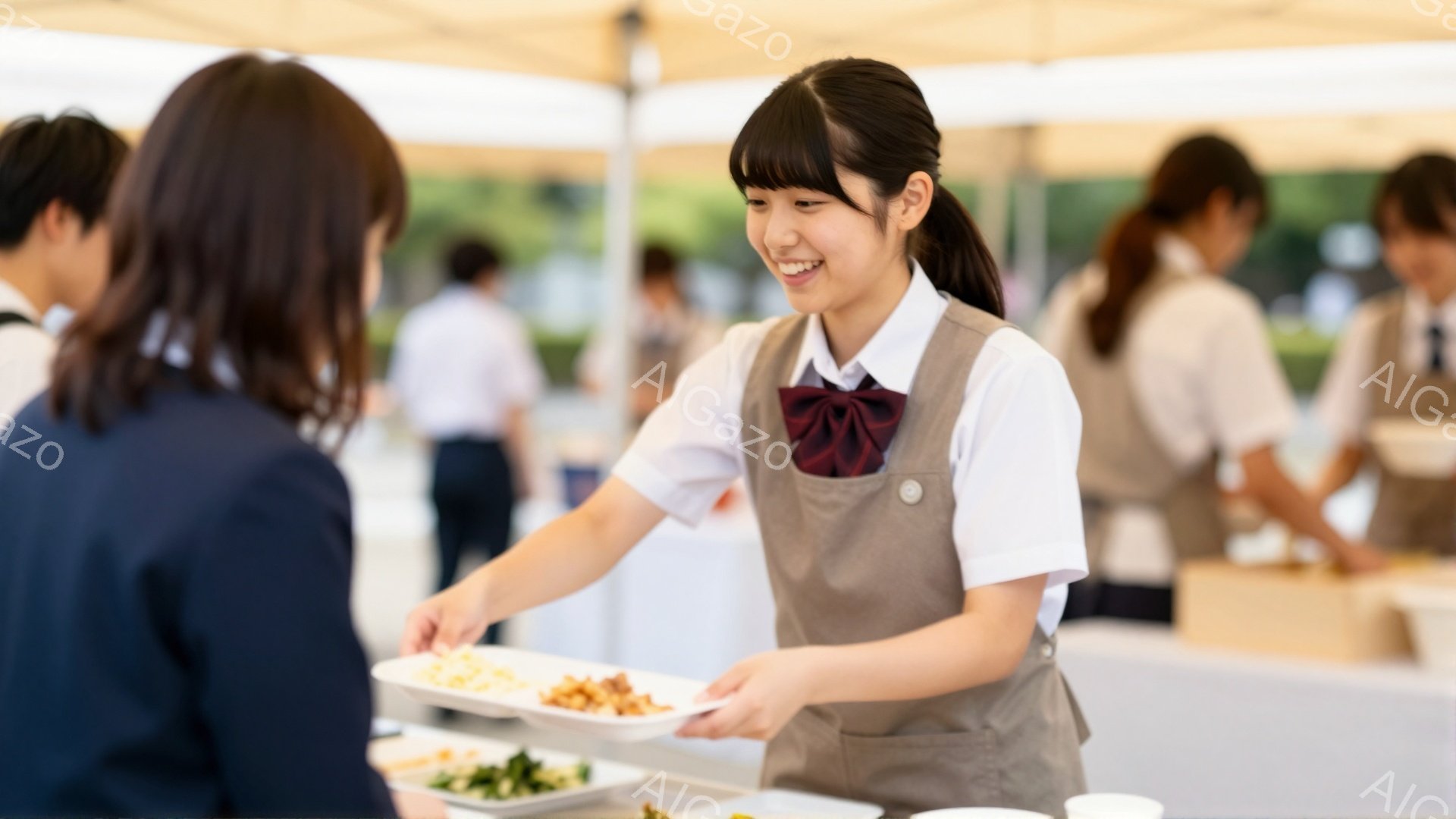 茶髪の女性がベージュのエプロンと白いブラウス姿で、料理をよそって誰かに手渡している。彼女は微笑んでおり、姿勢も良く、明るい雰囲気である。背景には白いテントと他のスタッフ、そして緑が見え、屋外でのビュッフェ形式のイベントの様子が伺える。