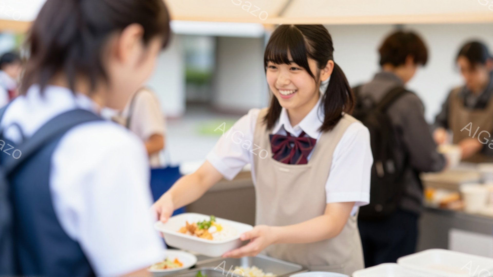 制服を着た女子生徒が、配膳台から白いトレイに盛られた食事を別の生徒に手渡している。彼女は笑顔で、明るい表情で前かがみになり、丁寧な仕草で食事を差し出している。背景には他の生徒たちがおり、学校の食堂のような、明るく清潔な空間が広がっている。