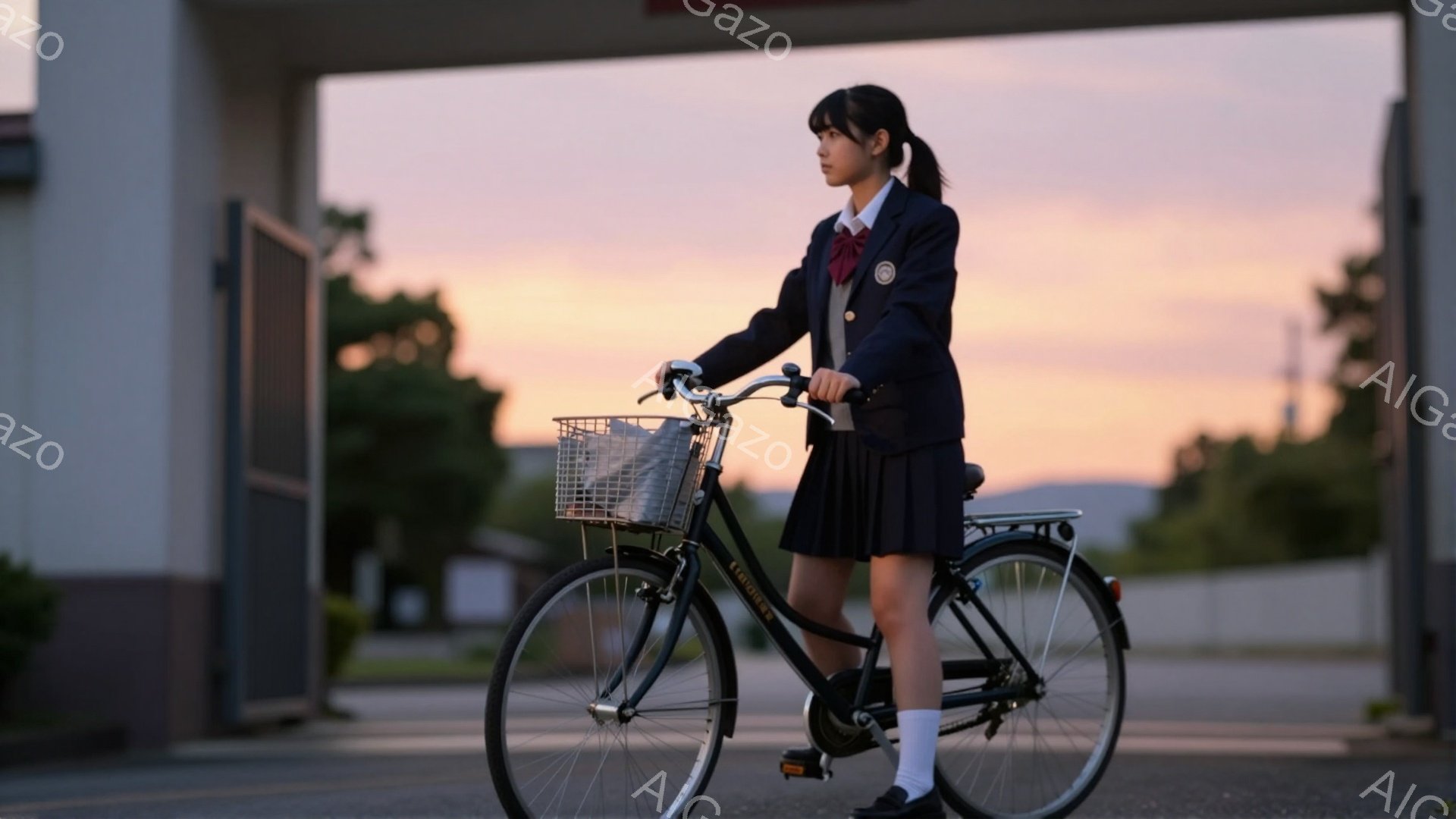 制服を着た女子学生が、黒い自転車に手を添えて立っている。彼女は濃い茶色のロングヘアで、少し微笑んでいるように見える。背景には薄暗い建物と、夕焼け空が広がり、静かで穏やかな雰囲気が漂っている。