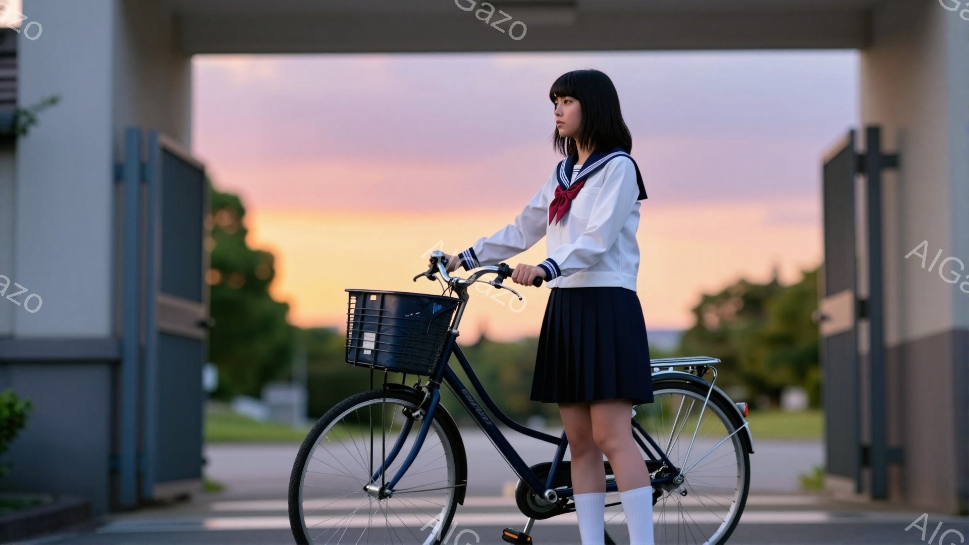 制服を着た女子学生が、青い自転車の横に立っている。彼女は、白いブラウス、濃い青色のスカート、白いソックス、黒いローファーを着用しており、髪は肩まで伸びており、前髪が目にかかっている。背景には、灰色の建物と緑豊かな木々が見え、空は夕焼けでオレンジ色とピンク色に染まっている。