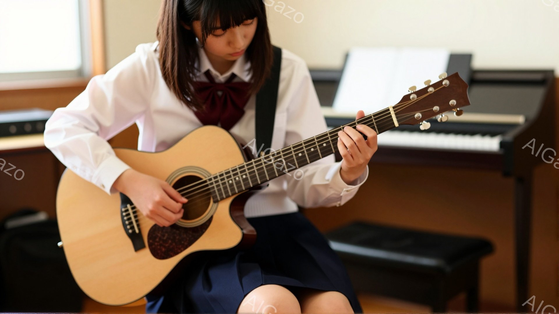 茶髪の少女が、学校の制服（白いシャツに紺色のスカート、赤いリボン）を着てアコースティックギターを弾いています。彼女は真剣な表情で、指をギターのフレットに当て、集中して演奏しています。背景には黒い電子ピアノと楽譜があり、音楽室のような室内であることがわかります。