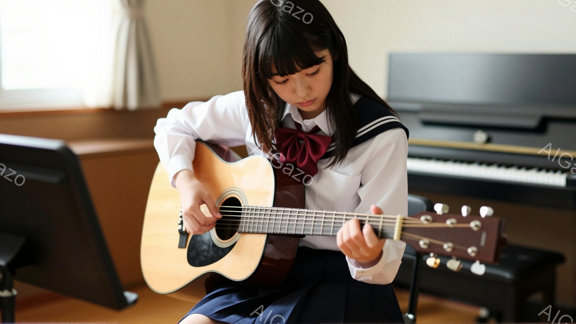 制服姿の少女がギターを演奏している。紺色のスカートと白いブラウスに赤いリボンを結び、前髪を下ろした黒髪が特徴的だ。背景にはピアノと譜面台があり、室内で集中して音楽を楽しむ雰囲気が伝わってくる。