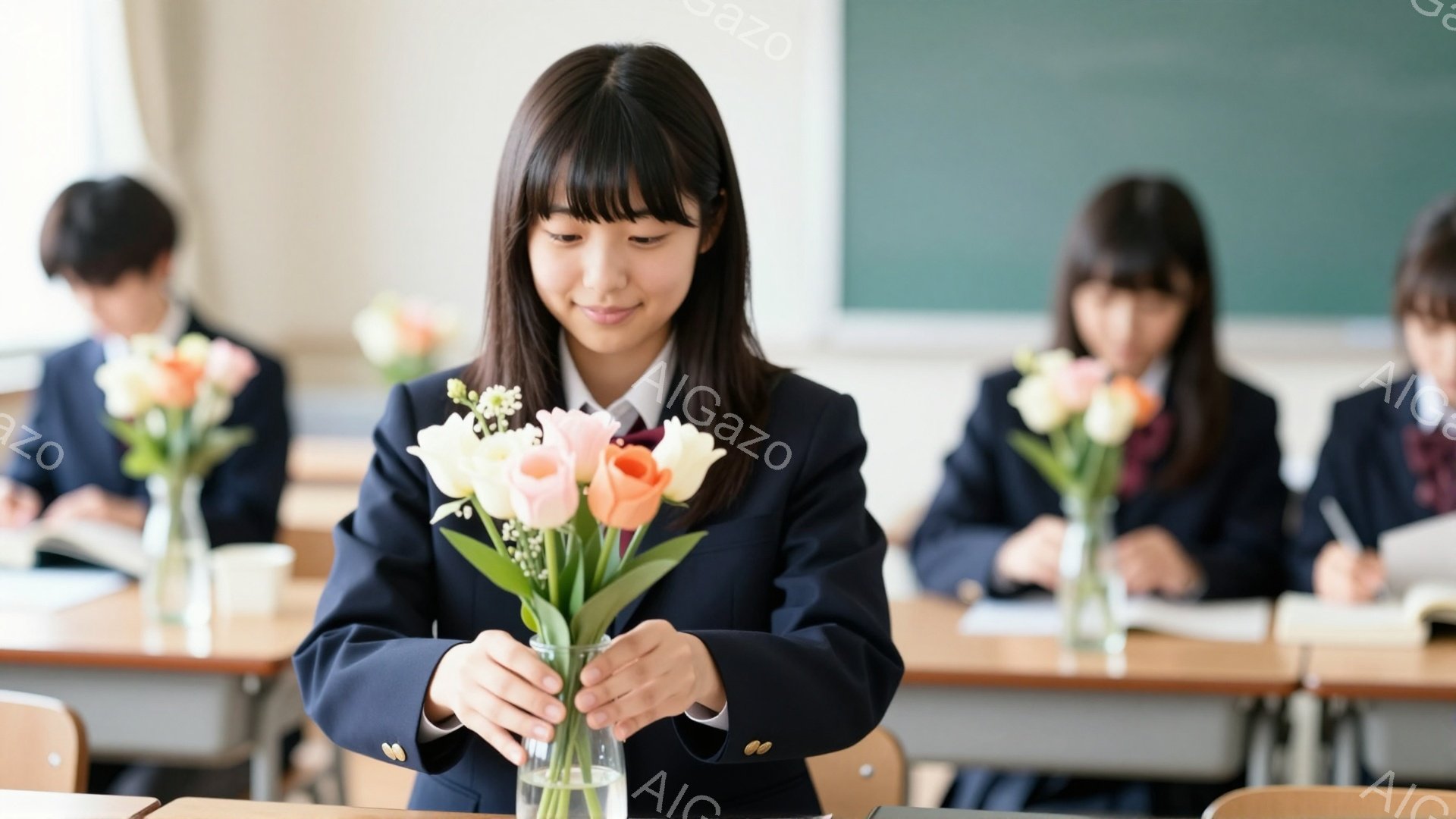 制服を着た女子学生が、透明な花瓶にチューリップの花束を活けている様子が写っています。彼女は黒髪のショートヘアで、少し微笑んだ表情をしており、真剣な眼差しで花に集中しています。教室の奥には、他の生徒たちが机に向かって何かを書き込んでいる姿が見え、穏やかで平和な雰囲気が漂っています。