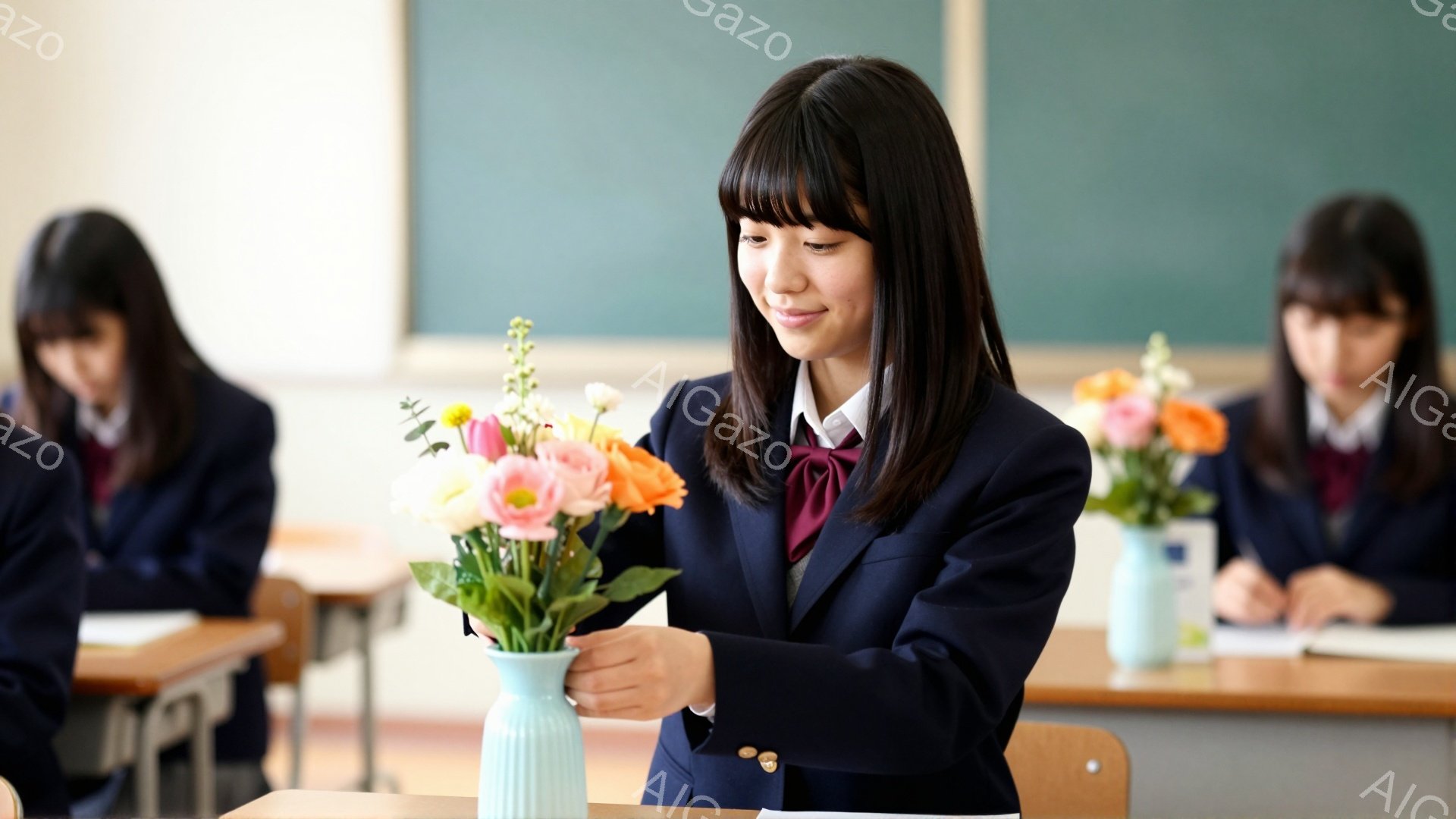 制服を着た女子学生が、花束を水色の花瓶に活けている様子が写っている。彼女は黒髪のストレートヘアで、微笑みを浮かべ、集中した表情で花を扱っている。教室の奥には他の生徒がおり、机には本が置かれていることから、授業中の休憩時間のような雰囲気である。
