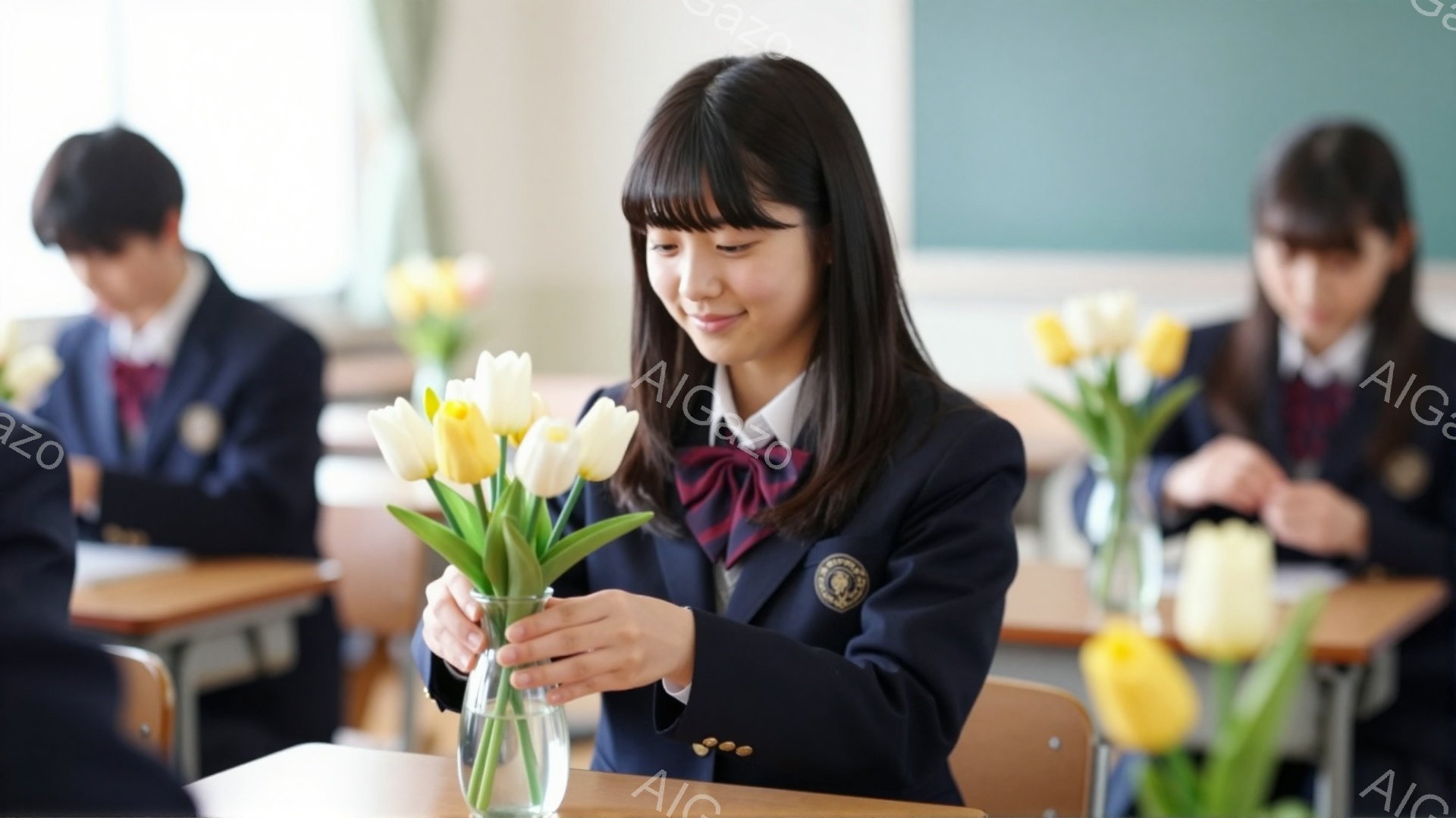制服を着た女子学生が、花瓶にチューリップを活けている様子が写っている。彼女は黒髪のボブヘアで、少し微笑んでおり、集中した表情で花を扱っている。教室の背景には、他の生徒たちが同様に花を活ける準備をしている姿が見え、春らしい穏やかな雰囲気が漂っている。