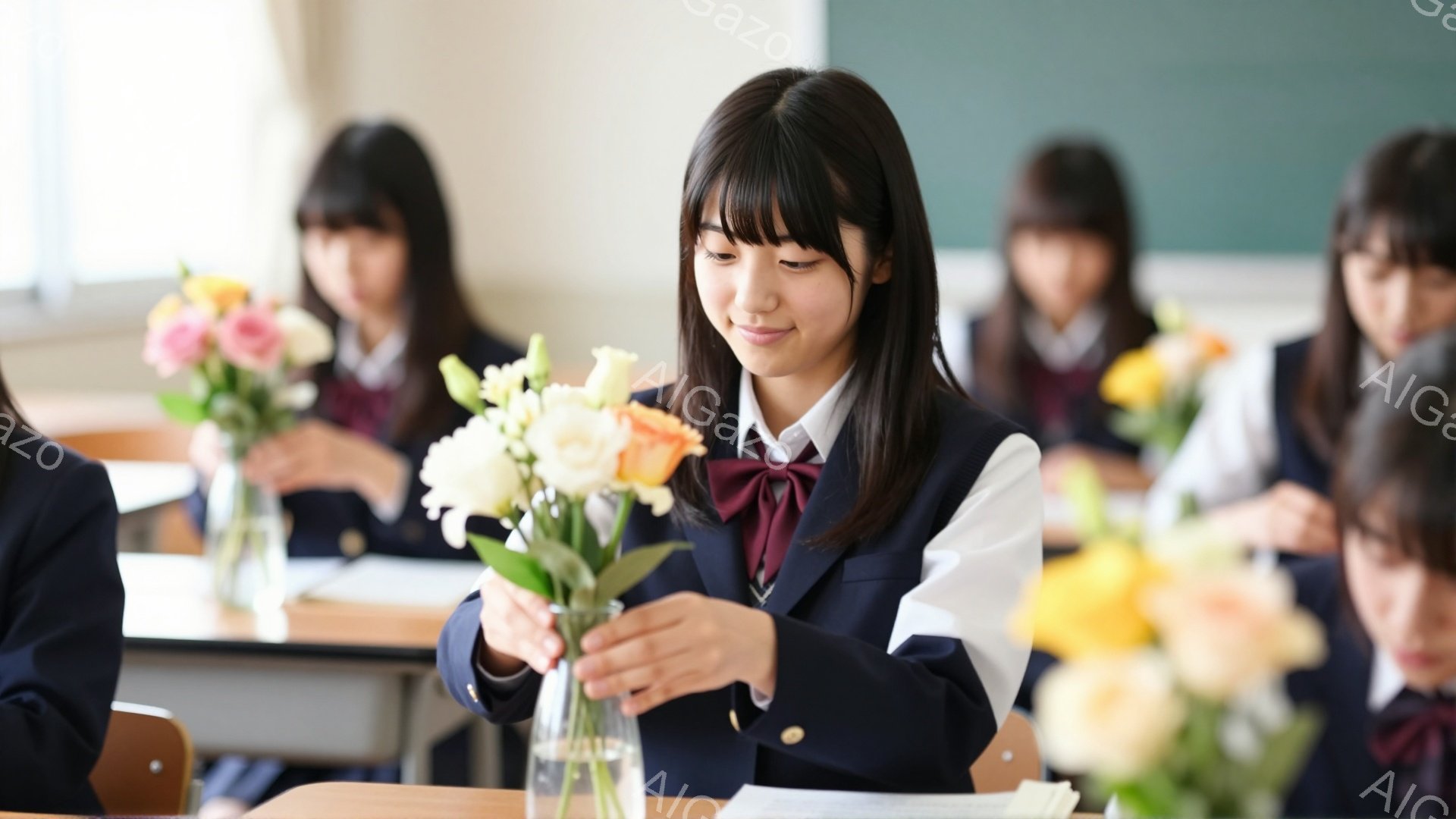 制服を着た女子学生が、机の上で花を花瓶に活けている様子が写っている。彼女は濃い色の前髪と肩までの長さの髪を持ち、微笑みを浮かべている。教室の背景には、他の生徒たちも制服を着て座っており、それぞれが花を扱っている。
