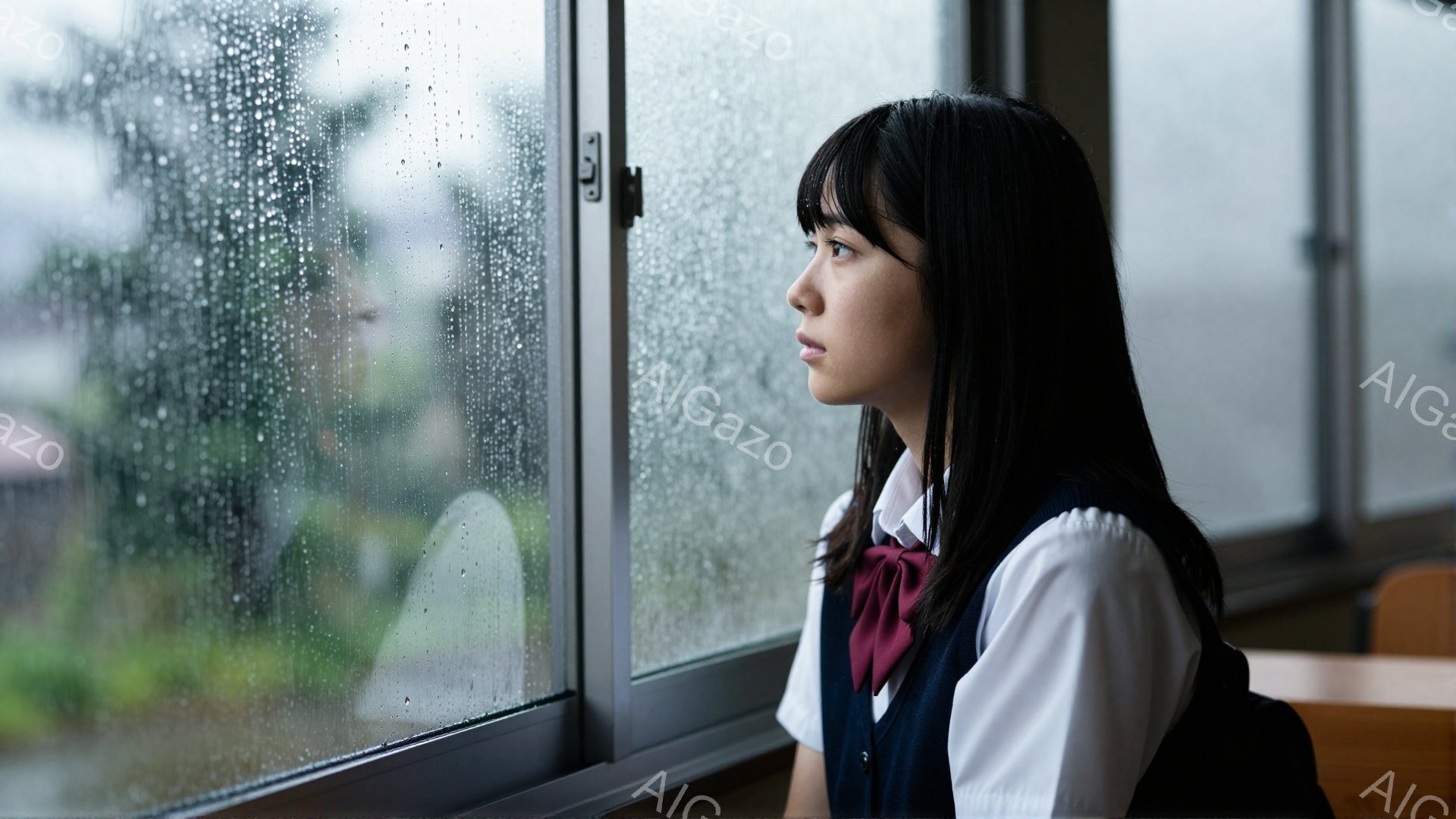 長い黒髪で、前髪は眉毛にかかるようにカットされた女子学生が、窓の外を見つめている。紺色のベストと白いシャツ、赤いリボンが結ばれた制服を着ており、どこか物憂げな表情をしている。雨の日の教室の窓から、緑豊かな景色が見え、しっとりとした、少し寂しげな雰囲気が漂っている。