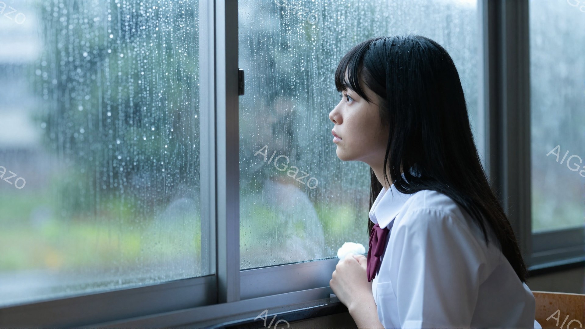 長い黒髪の少女が、雨で濡れた窓の外を物憂げに見つめている。白いシャツに赤いネクタイ、制服を着ており、寂しげな表情でうつむき加減になっている。窓の外にはぼやけた緑の風景が広がり、雨が窓ガラスを伝っている様子から、憂鬱で静かな雰囲気が漂っている。