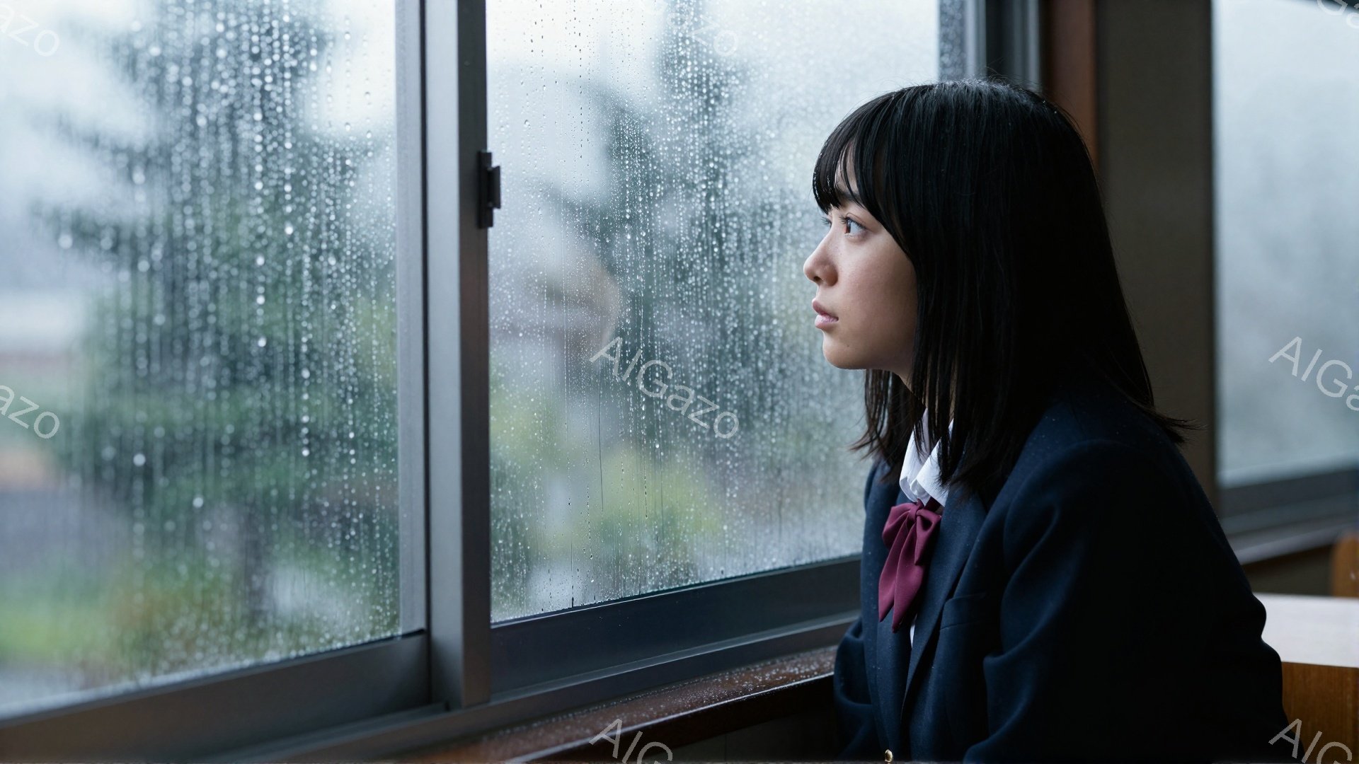 画像は、窓の外を見つめる若い女性を描いています。彼女は紺色のブレザーに赤いネクタイ、黒髪のショートヘアで、憂鬱そうな表情をしています。窓には雨粒がつき、背景にはぼやけた緑の木々と建物が見え、全体的に静かで物憂げな雰囲気を醸し出しています。