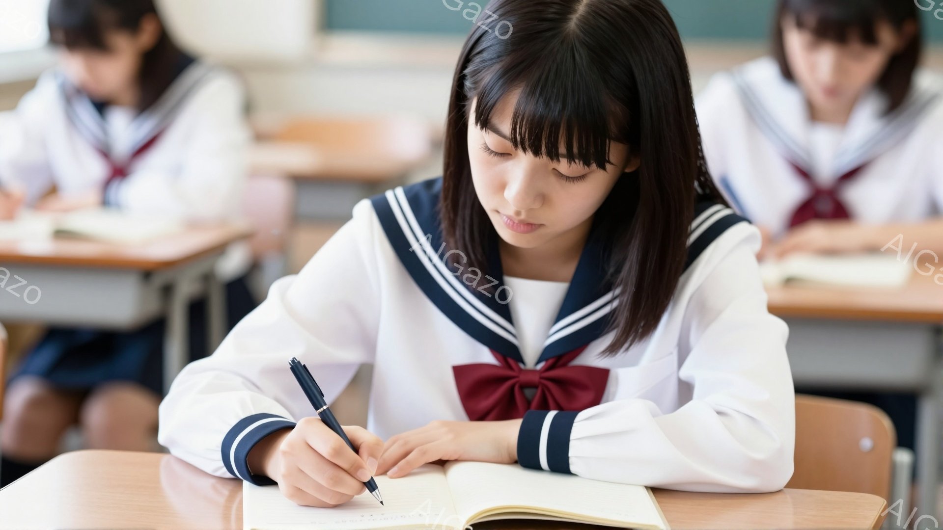 制服を着た女子学生が、授業でノートにペンで書き込んでいる様子が写っている。彼女は黒髪のショートヘアで、少し眉間にしわを寄せ、集中して課題に取り組んでいる。背景には、同じ制服を着た別の女子学生と教室の机が並び、学習に集中した静かな雰囲気が漂っている。