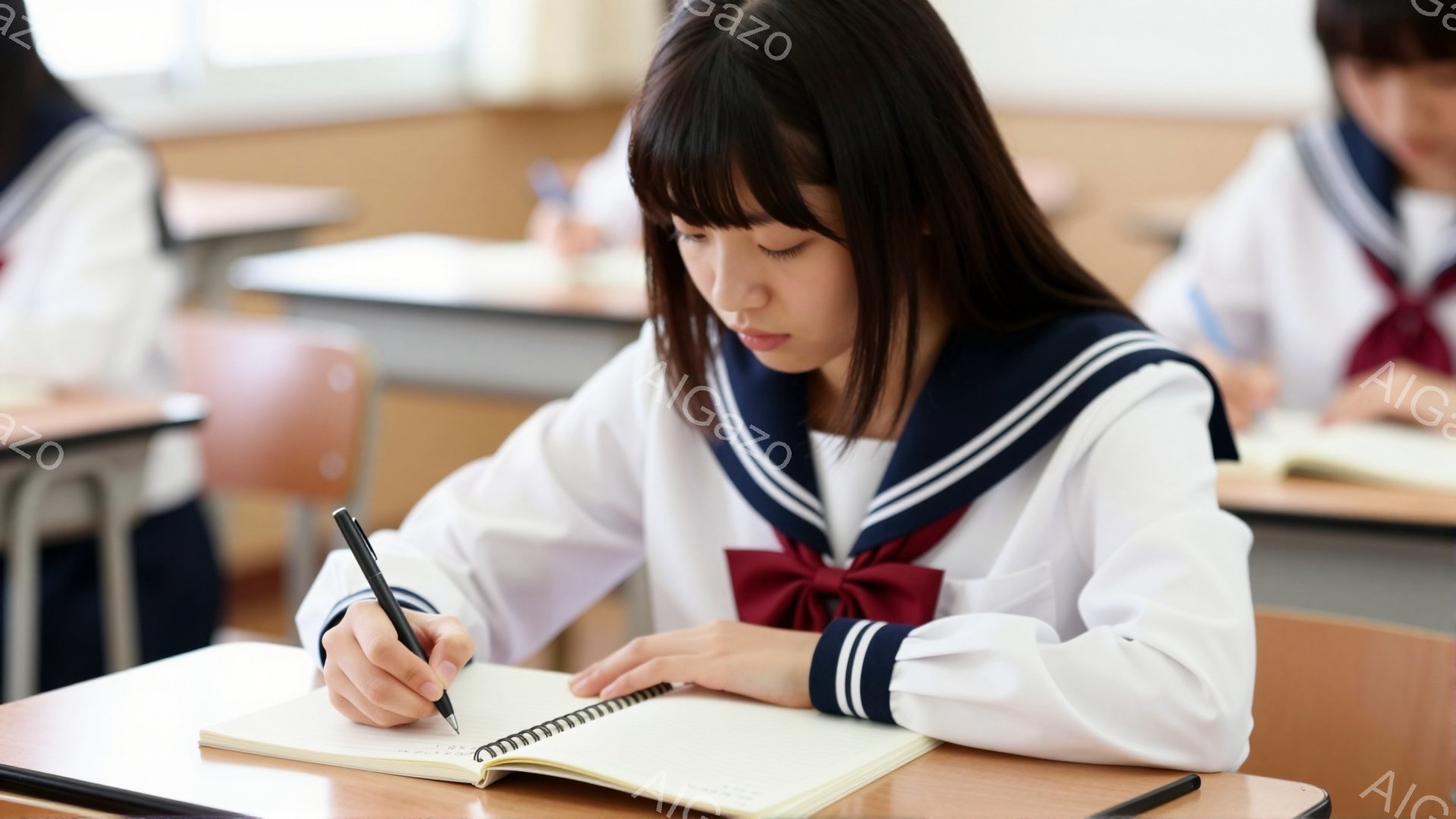 制服を着た女子生徒が、授業中にノートに何かを書き込んでいる。彼女は濃い茶色の長い髪を肩まで伸ばし、前髪を少し眉毛にかけるようにしている。教室は木製の机と椅子で埋め尽くされており、他の生徒もわずかに見え、真剣な学習の雰囲気が漂っている。