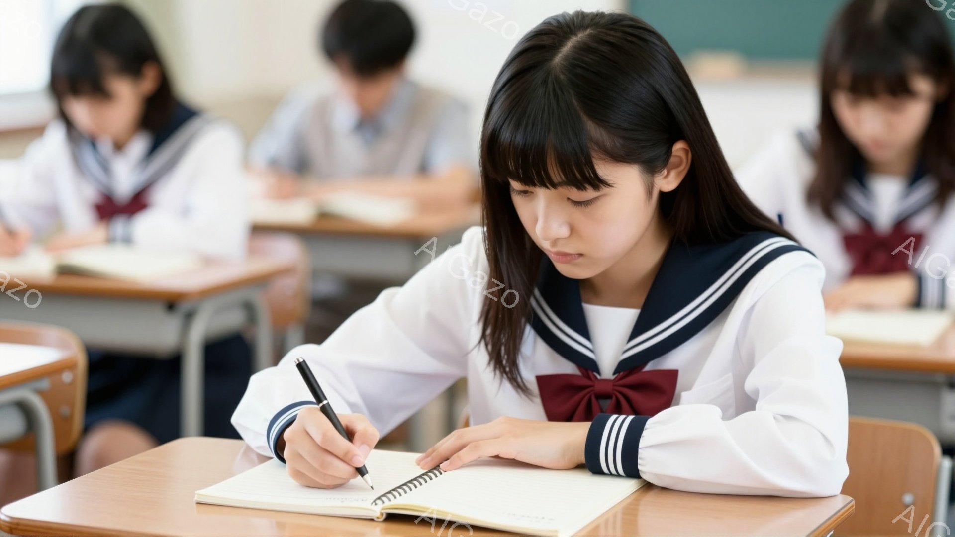 教室でセーラー服を着た女子生徒が、真剣な表情でノートに何かを書き込んでいる様子が描かれている。彼女は黒髪で前髪を少し長めにしており、集中してペンを握り、少しうつむき加減だ。背景には他の生徒たちが同じように勉強している姿があり、明るく清潔な教室の雰囲気が伝わる。