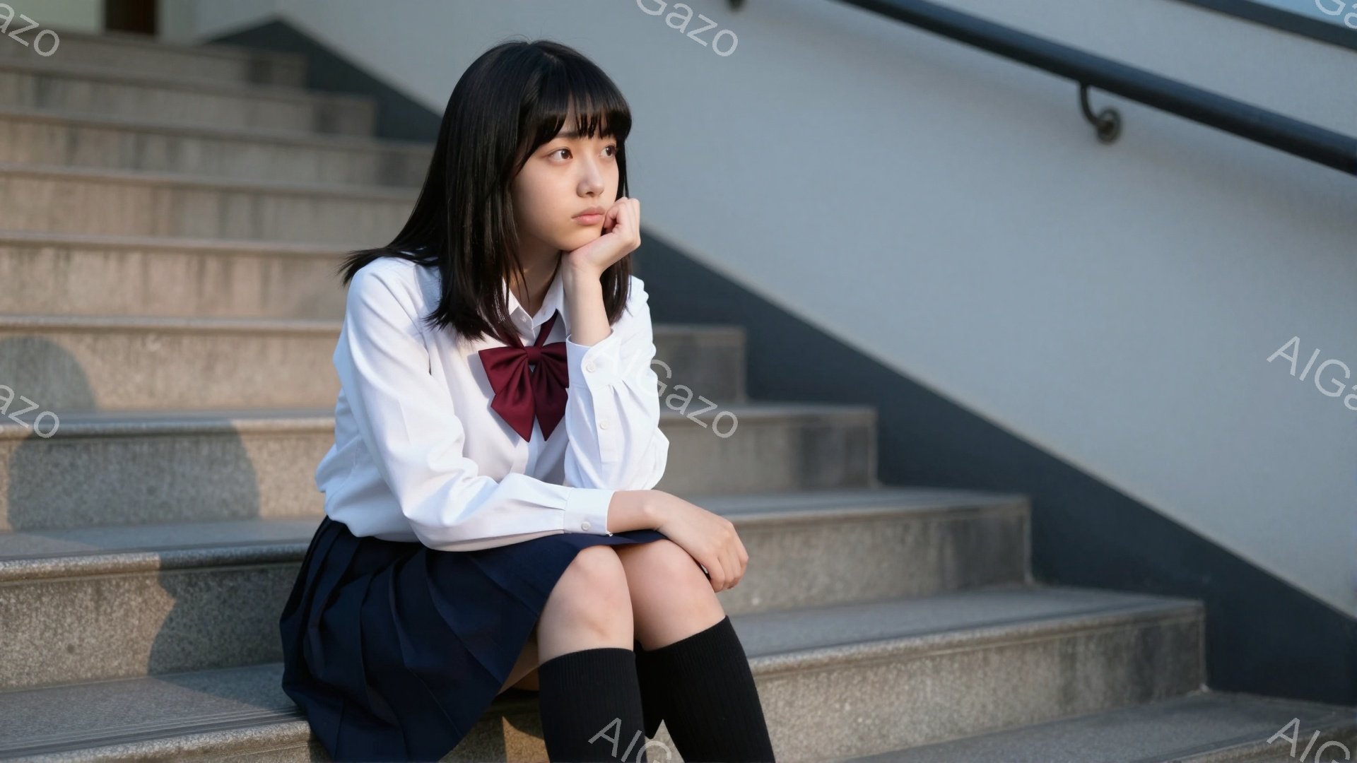 紺色のスカートと白いシャツを着た女子高生が、石段に座って顎に手を当てています。彼女は黒いロングヘアで、少し憂いを帯びた表情をしています。背景にはコンクリートの階段が続き、屋外の日差しが差し込み、少し影を作っています。