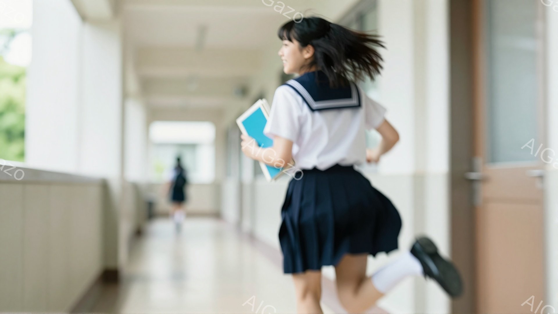 制服を着た女子学生が廊下を走り去る姿が捉えられています。彼女は紺色のリボンとブレザー、プリーツスカート、膝下まで伸びる靴下を着用し、髪は後ろでポニーテールに結ばれています。廊下は学校内であるようで、背景にはぼやけた他の生徒と壁、そしてドアが見え、全体的に活気のある雰囲気です。