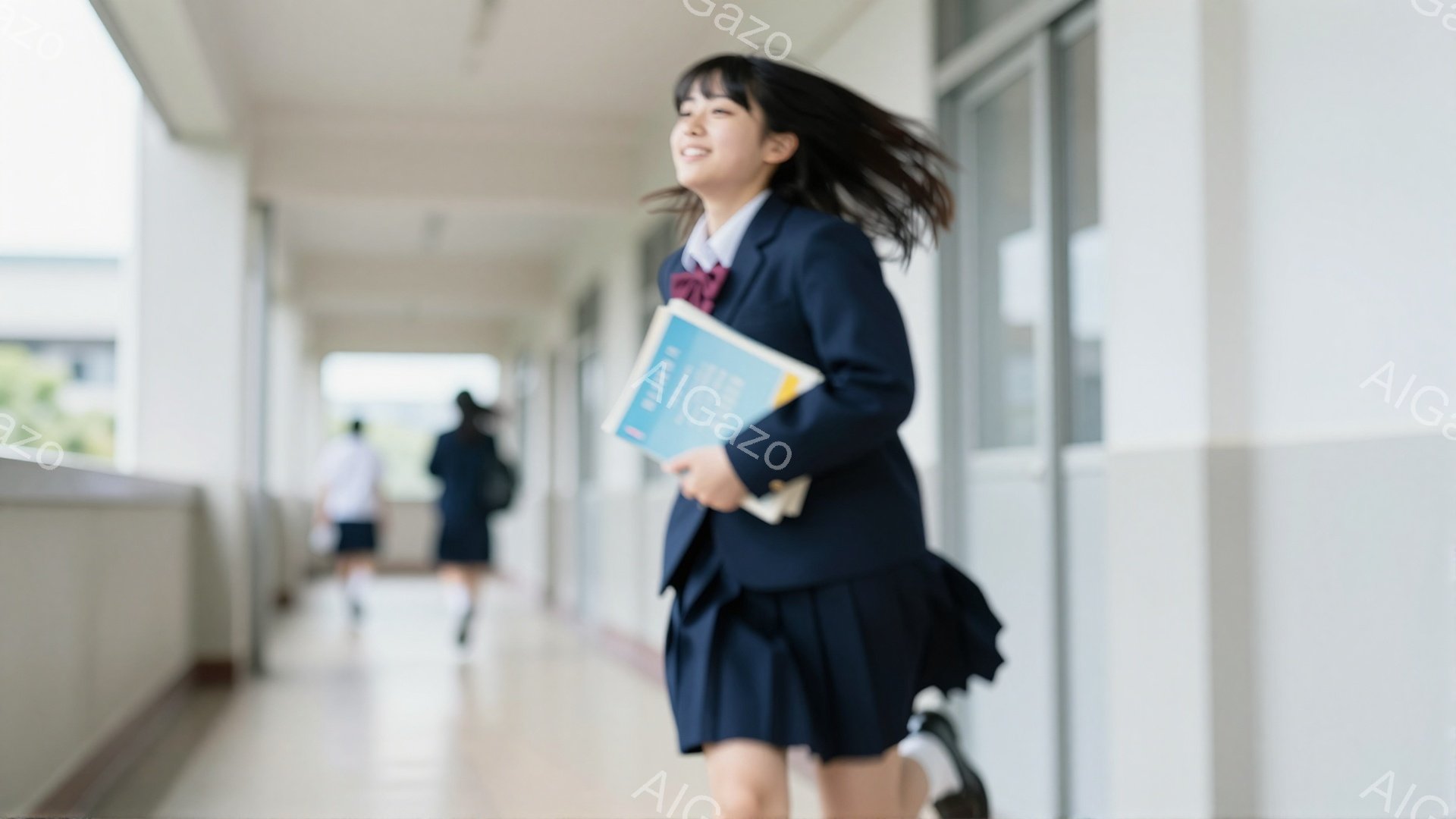 制服を着た女子高生が廊下を駆け抜けている。彼女は紺色のブレザーにチェックのスカート、リボンを締め、髪を肩まで伸ばし、笑顔を見せている。背景は学校の廊下で、他の生徒もぼんやりと見える明るい日差しが差し込 - AI生成フリー素材