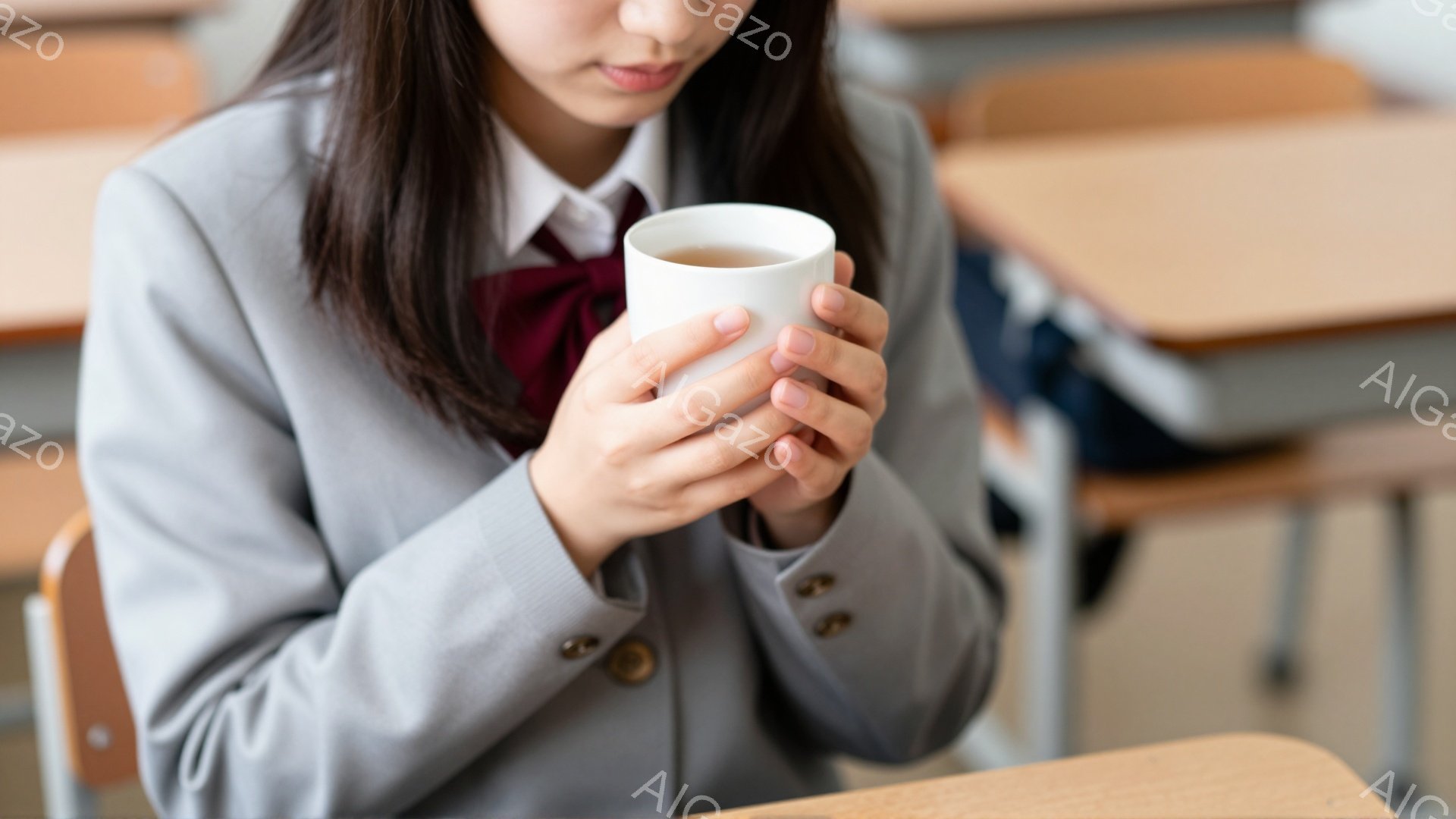 制服を着た女子生徒が、両手で白いマグカップを抱え、温かい飲み物を楽しんでいる様子が写っています。彼女はグレーのブレザーに赤いリボンをつけ、控えめな表情で、教室らしき場所でリラックスした姿勢を見せています。背景には木製の机が並び、学園の穏やかな雰囲気が感じられます。