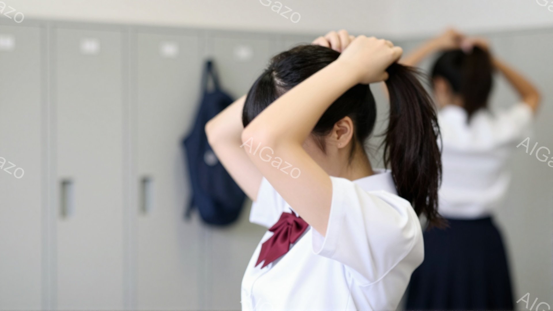 画像には、紺色のブレザーと白いシャツを着た女子生徒が描かれています。彼女は髪を後ろでまとめ、ポニーテールを作ろうとしています。背景にはロッカーが並び、青いリュックサックが一つ掛かっています。 - AI生成フリー素材
