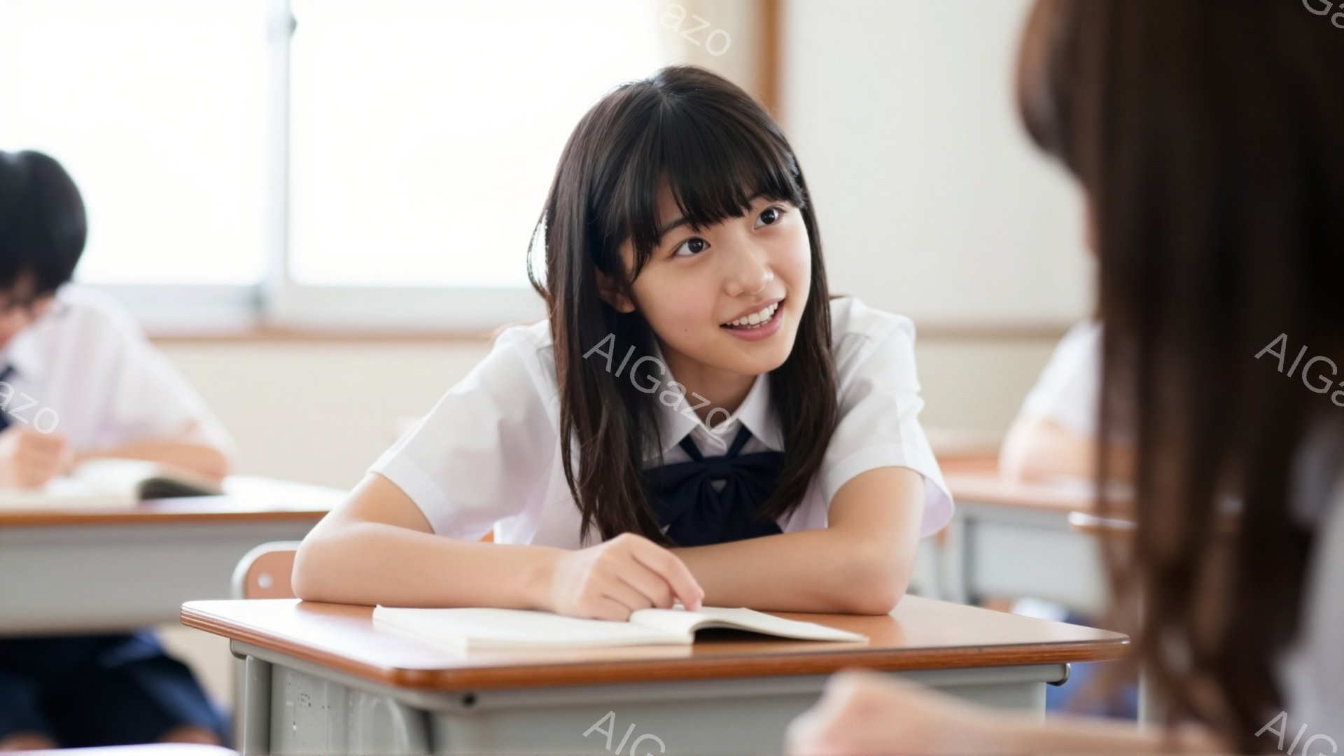 制服を着た女子学生が、少し微笑みながら誰かに話しかけている様子が写っています。彼女は前髪を下ろした黒髪で、白いシャツとネクタイ、濃い色のブレザーを着ています。教室の机に肘をつき、開いた教科書を前に、リラックスした雰囲気で会話を楽しんでいるようです。