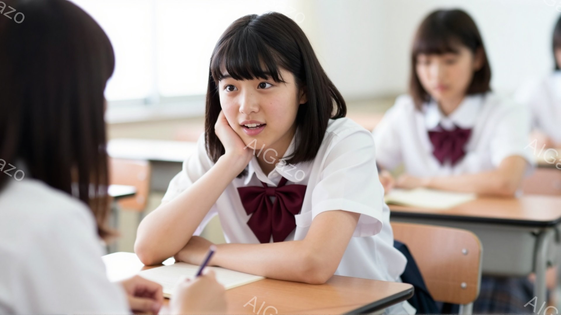 画像には、教室で机に向かって座っている女子学生が写っています。彼女は黒髪のショートヘアで、赤いリボン付きの白い制服を着ており、少し微笑んで何かを話しているようです。背景には他の生徒が座っており、教室の明るい雰囲気が伝わってきます。