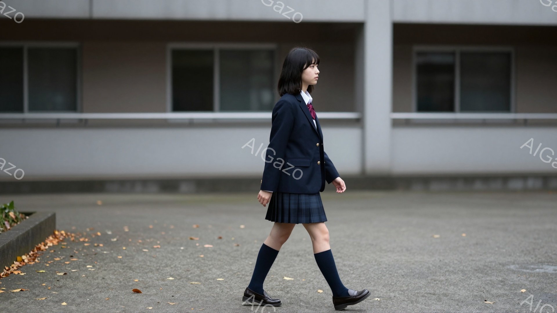 制服を着た女子学生が、灰色のアスファルトの道を歩いている。紺色のブレザー、プリーツスカート、黒い靴を履き、赤いリボンがアクセントになっている。背景には、窓のあるシンプルな建物と、葉が落ちた植物が見え、少し曇った空が全体的に静かで落ち着いた雰囲気を作り出している。
