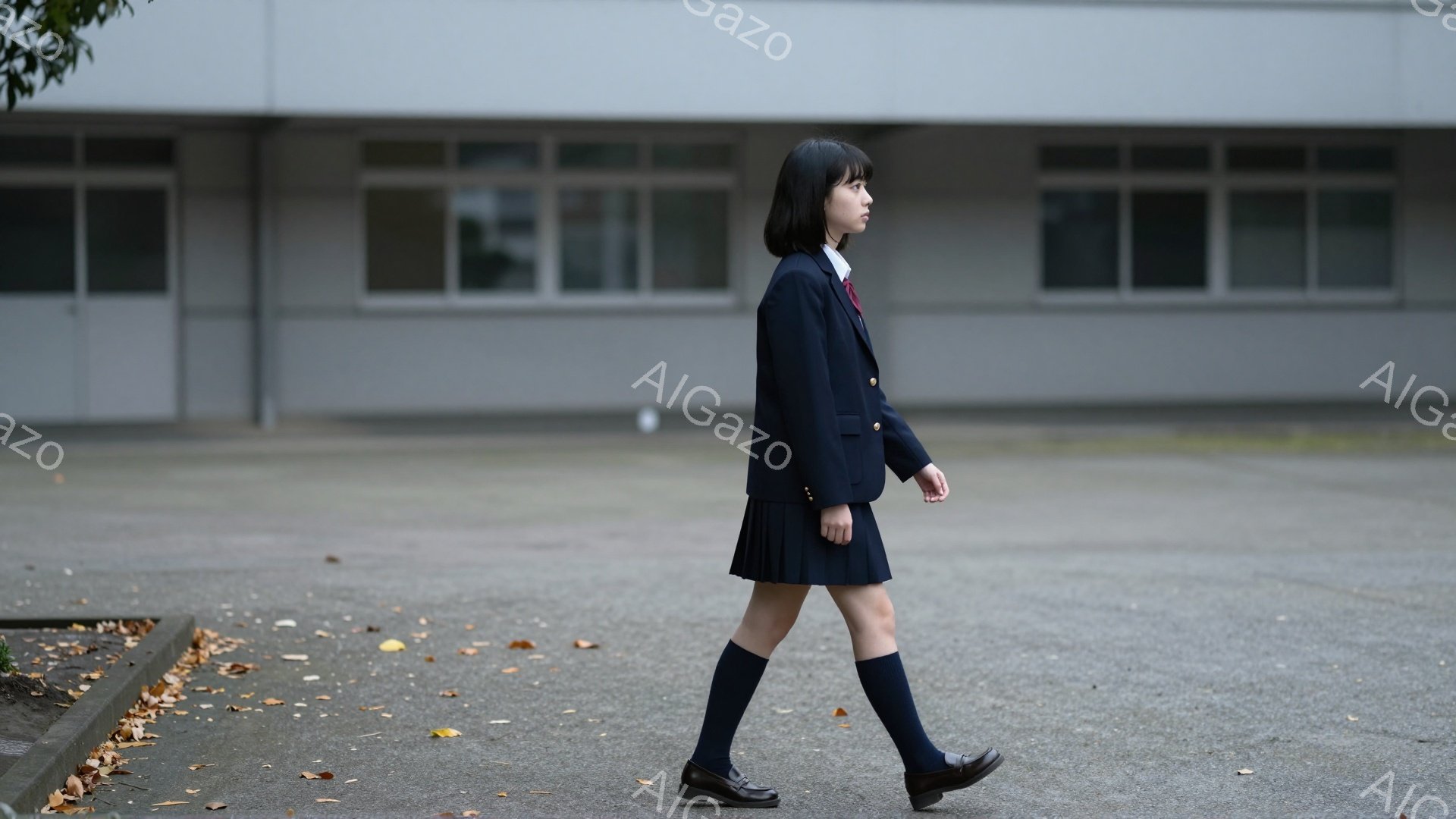 画像には、紺色のブレザーとプリーツスカート、膝丈のソックス、黒い革靴を身につけた女子高生が描かれています。彼女は少し前かがみの姿勢で歩いており、表情はやや憂いを帯びています。背景は灰色のコンクリートの建物と、落ち葉が散らばるアスファルトの道で、全体的に少し寂しげな雰囲気が漂っています。