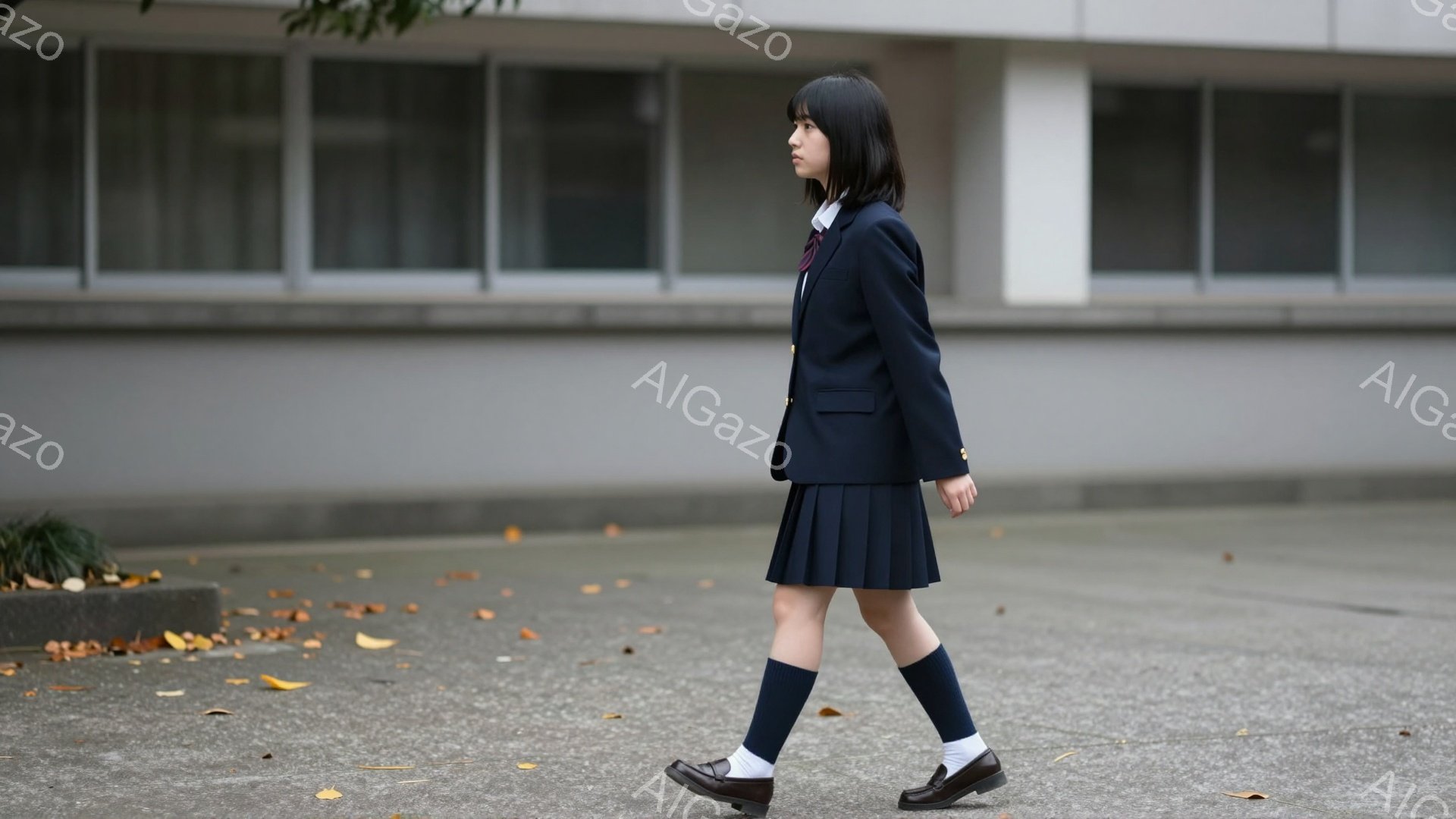 黒髪の女子高生が紺色の制服を着て歩いている。スカートはプリーツで、黒い靴下と革靴を履いている。背景には灰色の建物とわずかな自然が見え、少し曇った日であるという印象を与える。