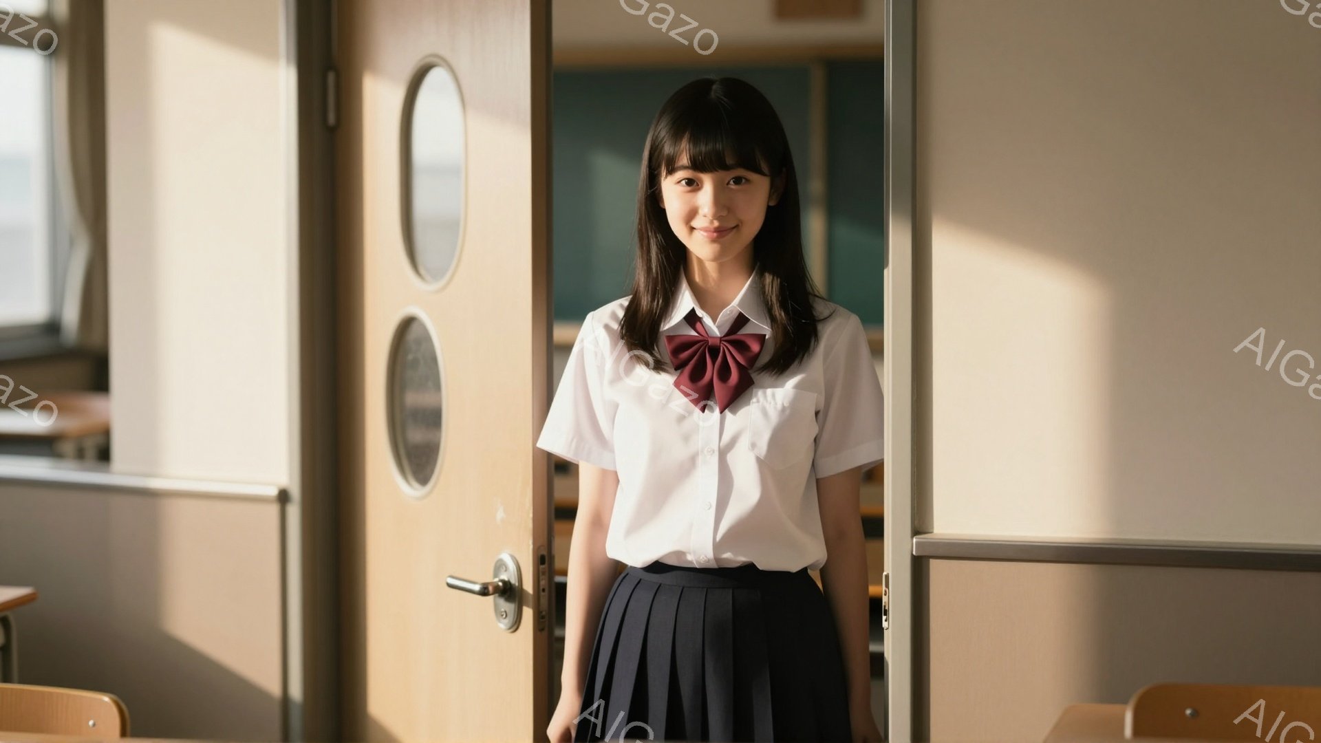 制服を着た若い女性が、教室のドアの前に立っています。白いブラウスに、赤いリボンと紺色のプリーツスカートを着用し、黒髪を肩のあたりで切り揃えています。彼女は微笑んでおり、落ち着いた雰囲気が漂っています。