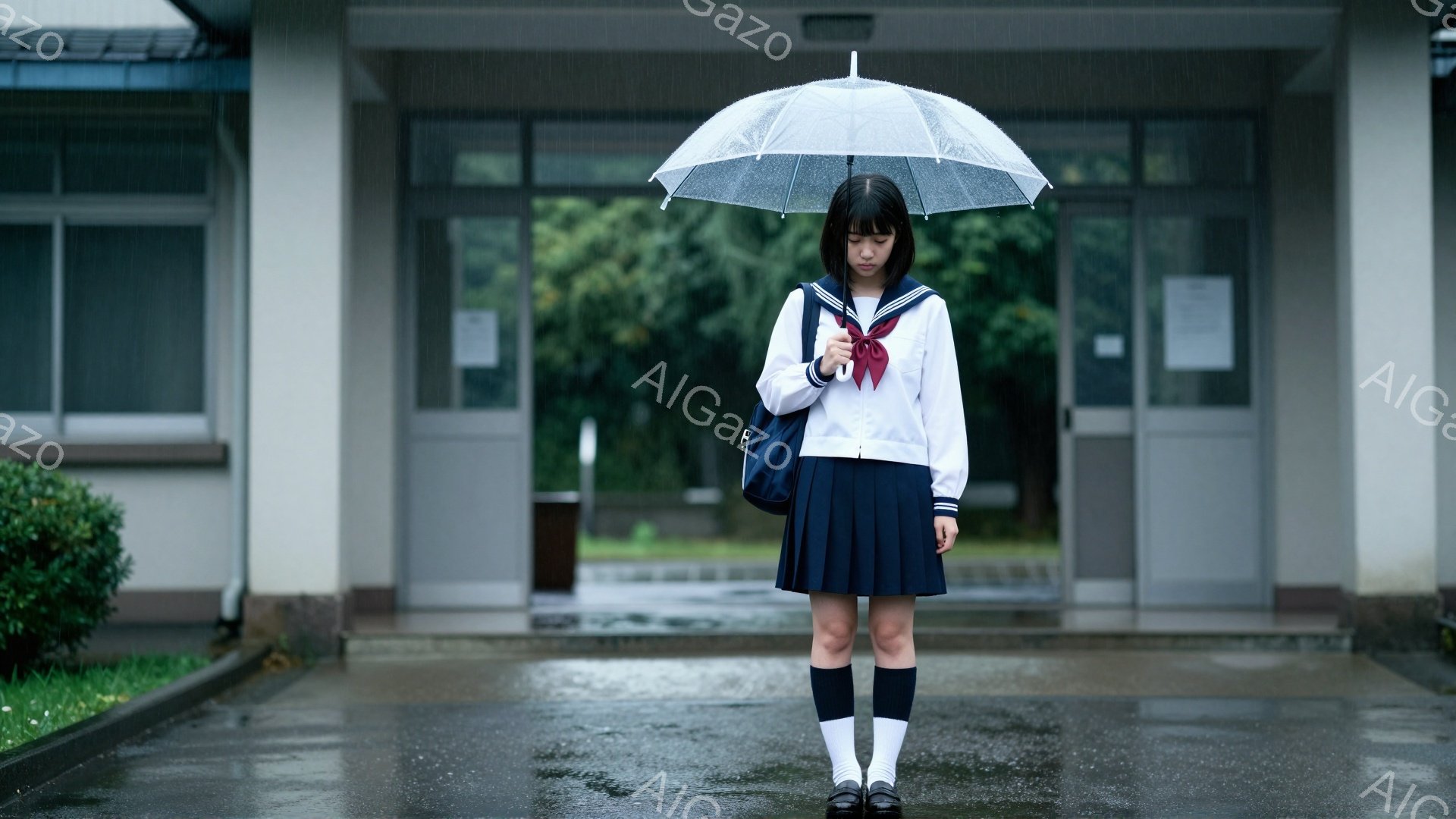 画像には、紺色のセーラー服を着た女子学生が、透明な傘を差して立っている様子が写っています。彼女は黒髪で、少し憂いを帯びた表情をしており、肩に黒いリュックサックをかけています。背景には、雨に濡れた学校の建物が見え、全体的にしっとりとした寂しげな雰囲気が漂っています。