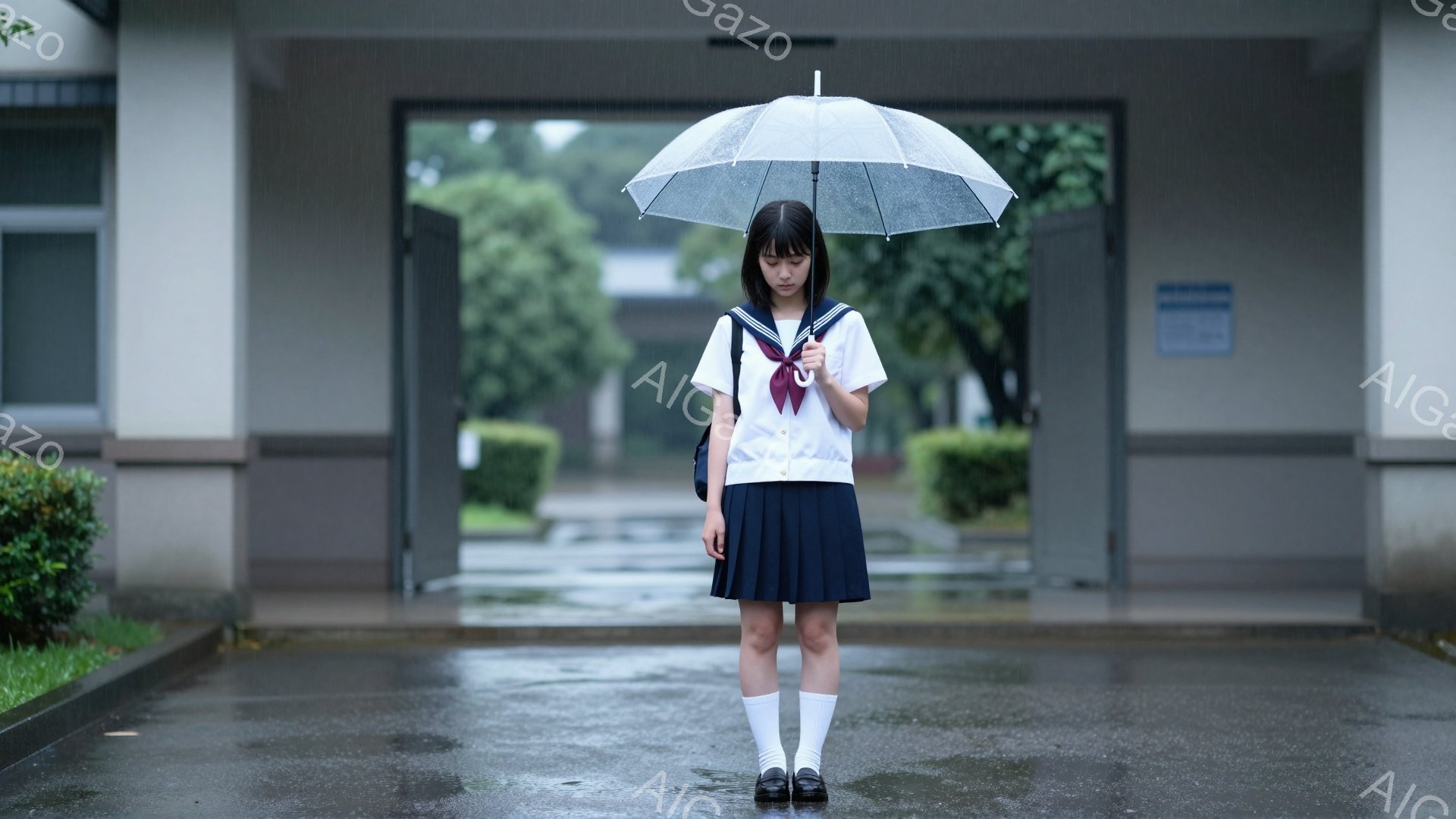 制服を着た女子高生が、雨の中、透明の傘をさして立っている。彼女は黒髪で、前髪が目にかかるヘアスタイル、少し悲しげな表情で、地面を見つめている。背景は学校の建物で、雨で濡れた敷地と緑の生垣が見え、全体的にしっとりとした憂鬱な雰囲気が漂っている。