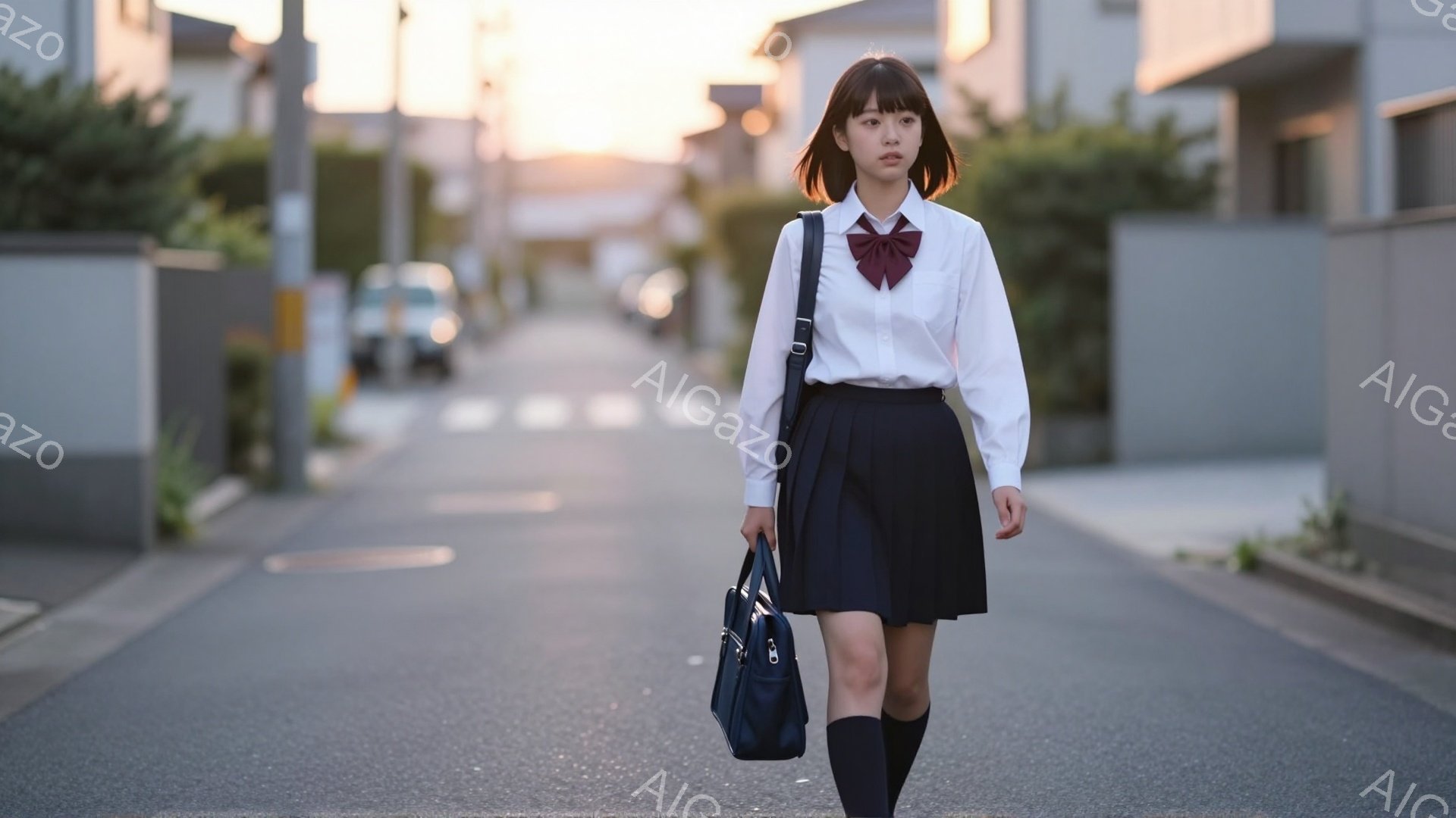 制服を着た女子高生が、住宅街の道を歩いている。白いシャツに濃い紺色のスカート、赤いリボンと黒いソックスが特徴的で、肩から斜めがけにしたバッグと片手に持った手提げバッグを持っている。背景は夕暮れ時の住宅街で、穏やかで少し寂しげな雰囲気が漂っている。