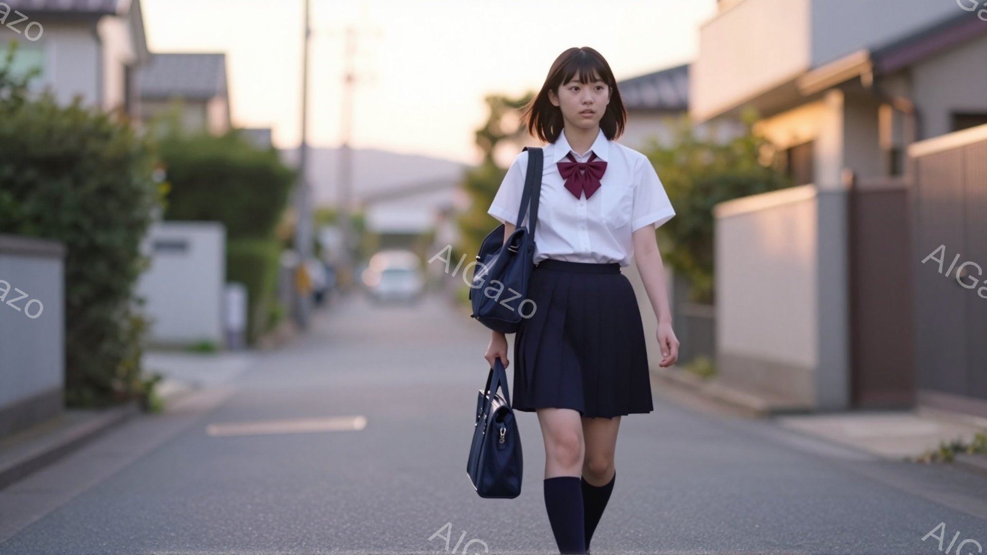 制服を着た女子高生が、住宅街の道を歩いている。白いブラウスに紺色のスカート、赤いリボンと膝丈のソックスを合わせ、黒いハンドバッグを肩に掛けている。背景には住宅が並び、空は夕焼けでオレンジ色に染まっており、穏やかで少し寂しげな雰囲気が漂う。
