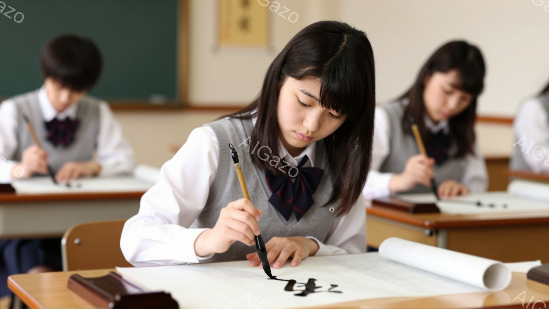 画像には、日本の学校の教室で書道に取り組む女子生徒が写っています。彼女は白いシャツ、グレーのセーター、赤いリボンとチェック柄のネクタイを結んだ制服を着ており、真剣な表情で筆を持って紙に文字を書いています。他の生徒たちも同様の制服を着て、それぞれの机で書道に集中しています。