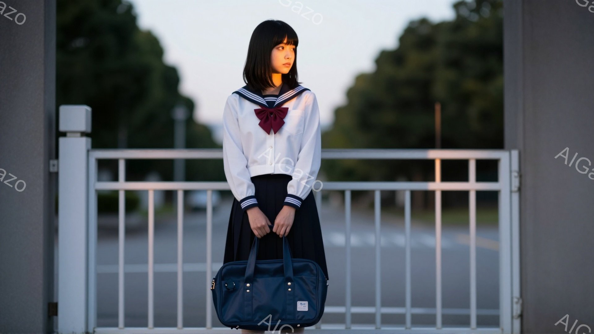 制服を着た若い女性が、鉄柵の前に立っている。彼女は白いブラウス、濃い紺色のスカート、赤いリボンを着用し、肩に濃い紺色のリュックサックをかけている。背景には緑豊かな木々が見え、空は夕暮れ時で柔らかな光が差し込んでいる。