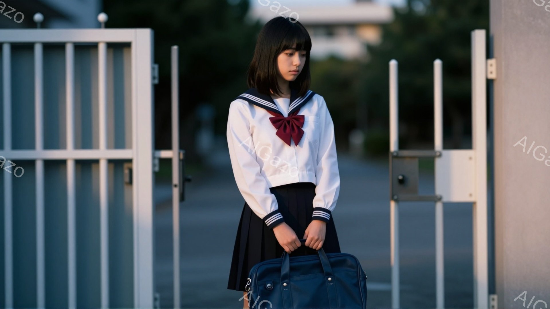 制服を着た女子学生が、白い門の前に立っている。彼女は黒髪のショートヘアで、少し憂いを帯びた表情をしている。紺色のスカートとセーラー服、赤いリボンが特徴的で、手に紺色のバッグを持っている。