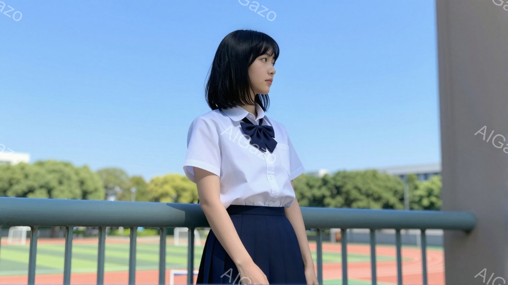 黒髪で前髪を下ろした女子学生が、白いブラウスと濃い紺色のスカートの制服を着て、少し横を向いて立っている。彼女は物憂げな表情で遠くを見つめており、手は体の横に自然に置かれている。背景には、緑豊かな木々と赤いランニングトラックが広がり、晴天の下、どこか懐かしいような雰囲気を醸し出している。