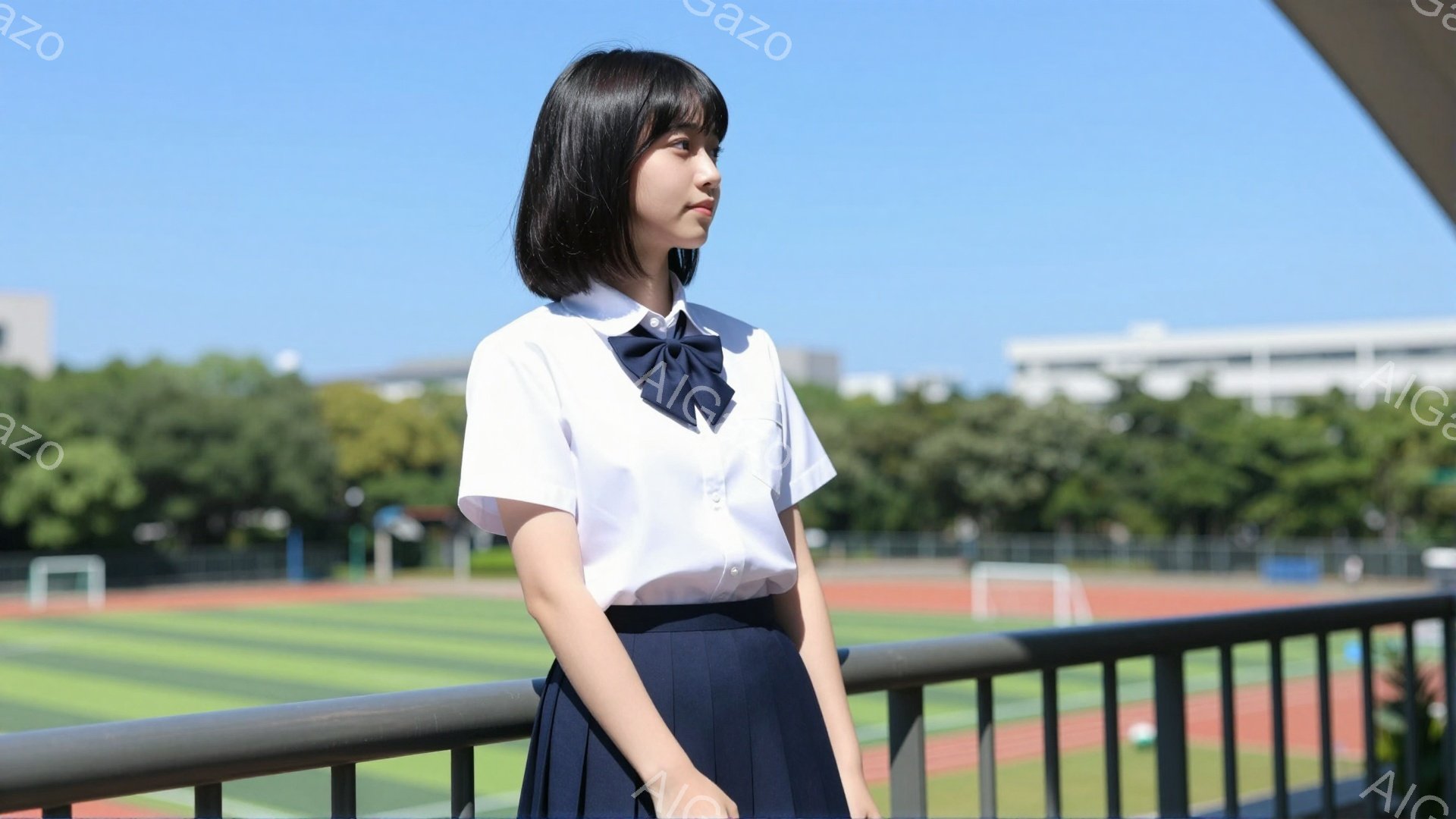 短い黒髪に前髪を下ろした女性が、白いブラウスと紺色のプリーツスカートの制服を着て立っています。彼女は少し上目線で遠くを見つめ、表情は穏やかです。背景には緑色の陸上競技場と建物が見え、晴れた空が広がっており、爽やかで少し寂しげな雰囲気が漂っています。