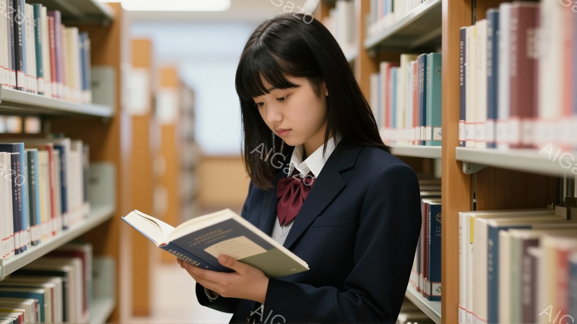 制服を着た若い女性が図書館で本を読んでいます。彼女は濃い茶色の前髪を流した黒髪で、集中した表情をしています。背景には、さまざまな色の本が並んだ本棚がびっしりと並び、落ち着いた学習の雰囲気を醸し出しています。