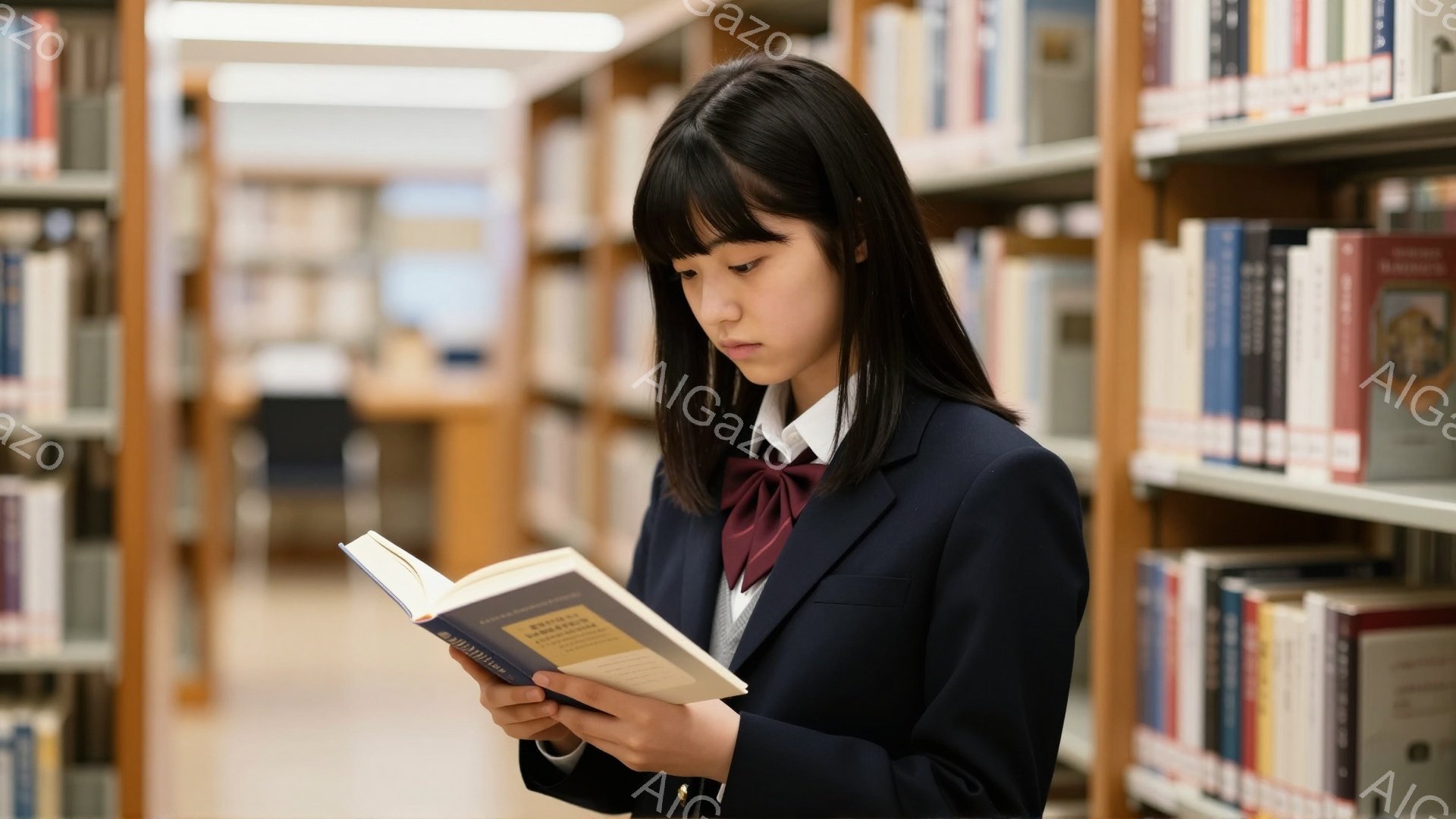 図書館で、制服を着た若い女性が本を読んでいます。彼女は黒髪で前髪を垂らし、真剣な表情で本に集中しています。背景には整然と並んだ本棚が多数あり、落ち着いた学習環境であることがわかります。