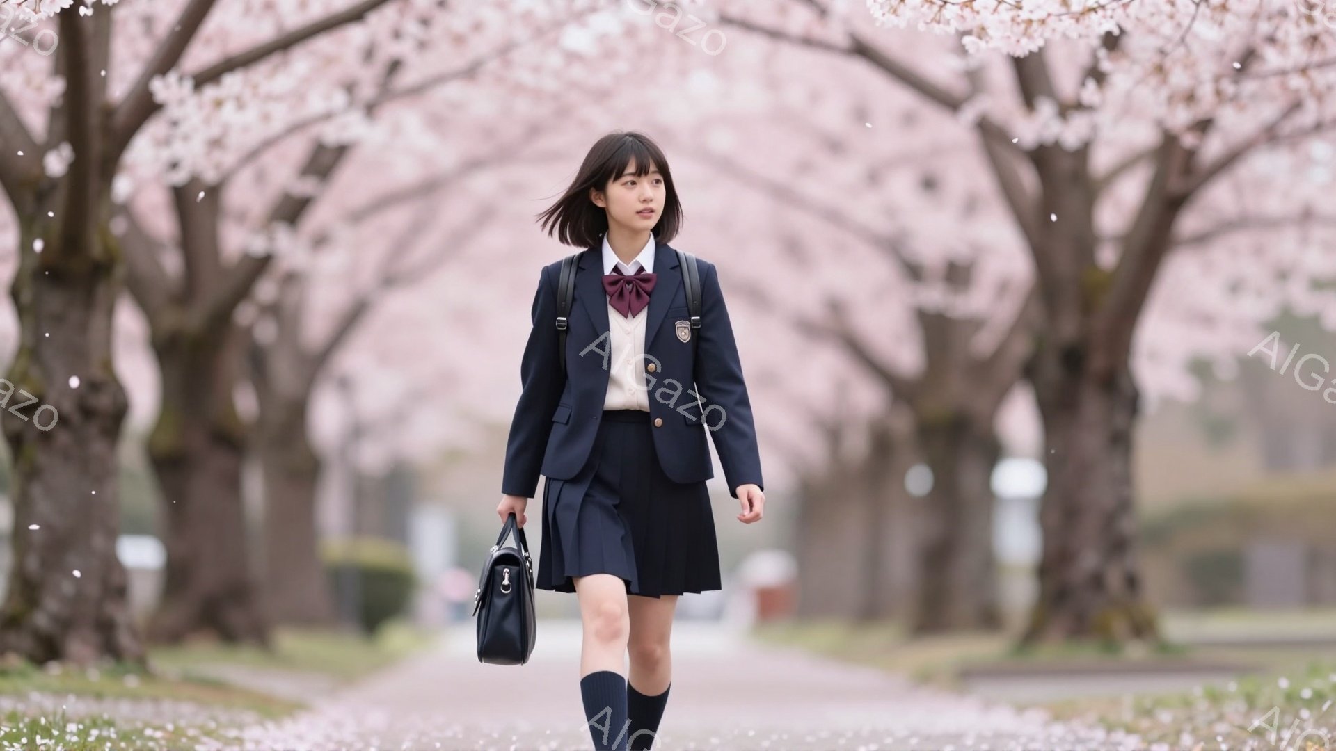 制服を着た女子学生が桜並木を歩いている。紺色のブレザーに、白いシャツとチェック柄のリボン、プリーツスカートを合わせ、黒いニーハイソックスと革靴を履いている。背景は満開の桜並木で、花びらが舞い散り、春の - AI生成フリー素材