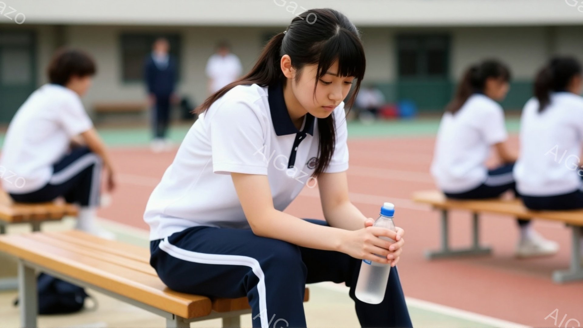 女学生がベンチに座り、水入りのペットボトルを両手で握り締めています。彼女は白いポロシャツと紺色のスポーツパンツを着用し、長い黒髪を後ろで一つにまとめています。背景には、赤いトラックと他の生徒たちがおり、全体的に学校の運動場での休憩時間の静かな雰囲気が漂っています。