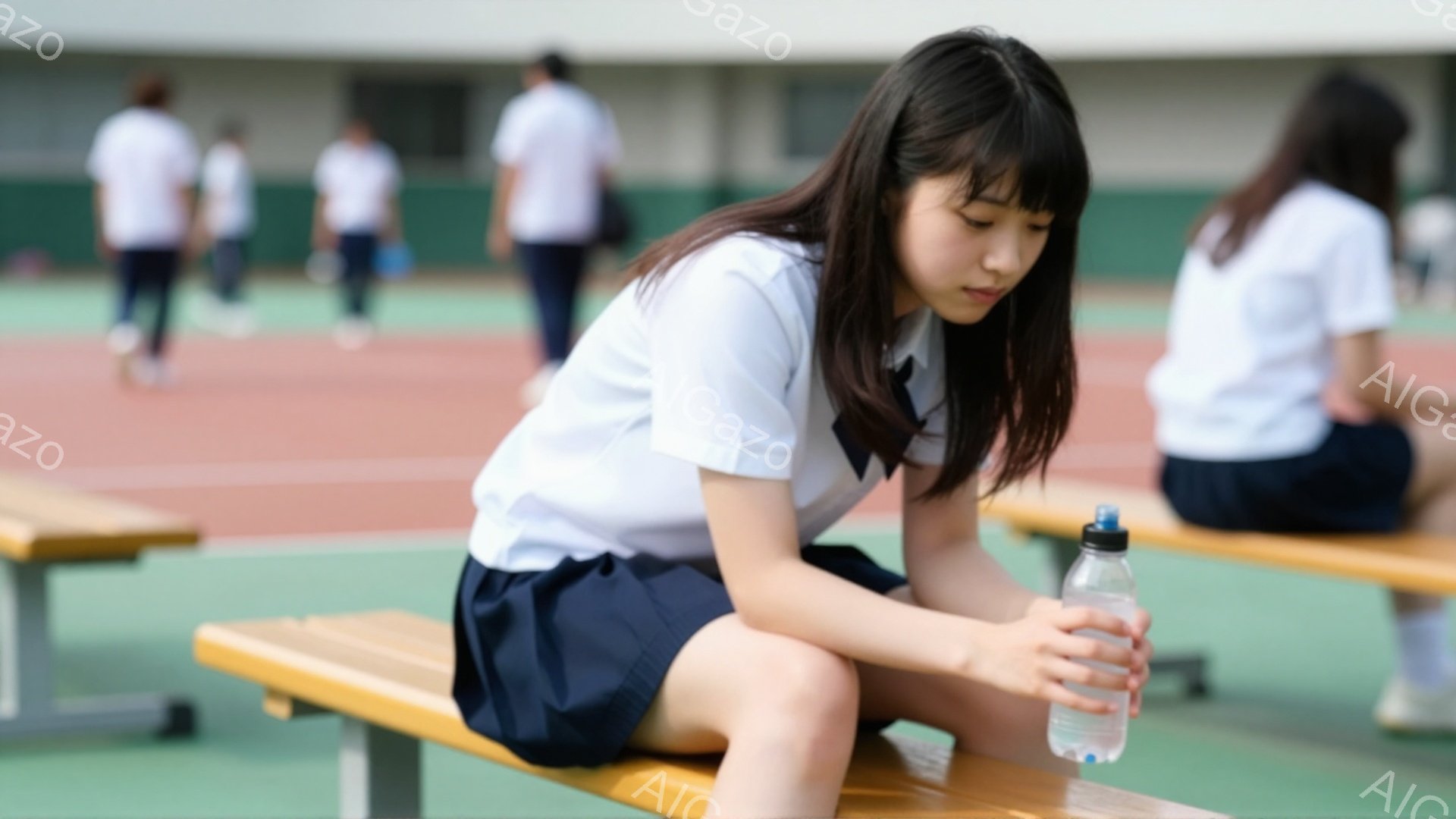 画像は、制服を着た女子高生が屋外のベンチに座っている様子を捉えています。彼女は濃い色のロングヘアで、少し憂いを帯びた表情で水筒を手に持っています。背景には赤いトラックと、ぼやけた制服姿の他の生徒たちが写り込み、穏やかな晴天の下で、少し疲れた様子で休憩している雰囲気が漂っています。
