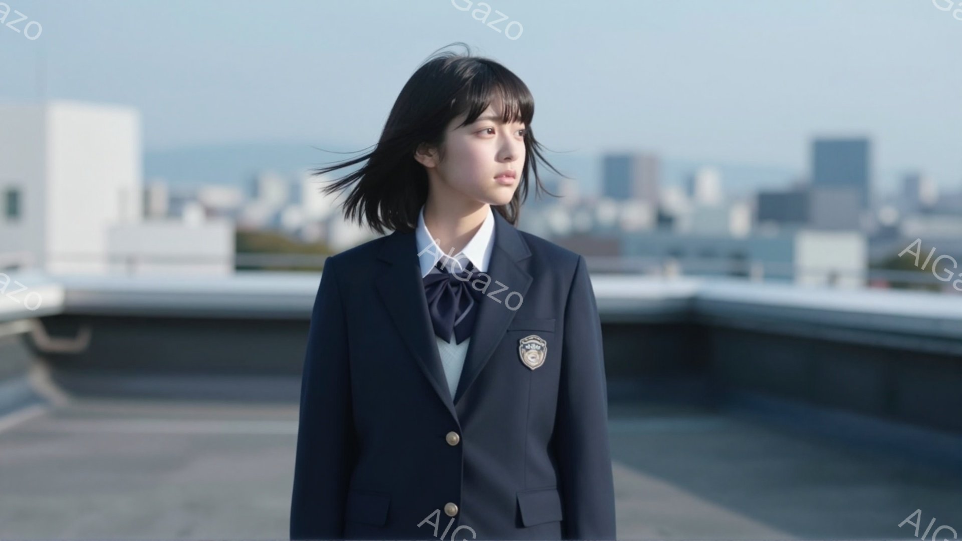 制服を着た若い女性が、屋上の縁に立って遠くを見つめている。紺色のブレザーにグレーのスカート、そして濃い青色のリボンが特徴的で、黒髪のショートボブが風になびいている。背景には高層ビル群と穏やかな海が広がり、晴天の下、どこか物思いにふけるような静かな雰囲気が漂っている。