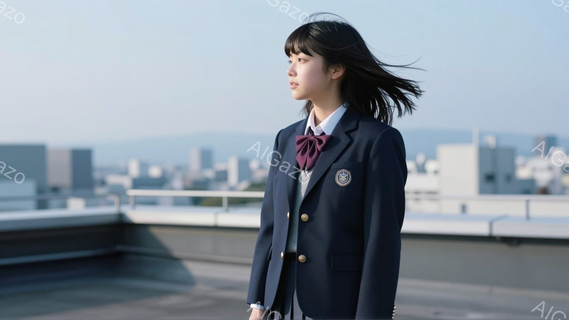 制服を着た若い女性が、屋上の端に立って遠くを見つめている。彼女は濃い色のブレザーに、白いシャツと濃い紫色のリボンタイを着用しており、髪は肩までの長さで、風になびいている。背景には、晴れた空の下、密集した都市の建物が見え、爽やかで少し物憂げな雰囲気を醸し出している。