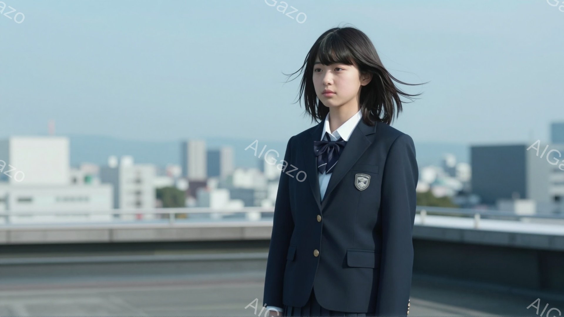 制服を着た若い女性が、コンクリートの屋上らしき場所に立っている。彼女は黒髪のショートボブで、少し憂いのある表情をしている。背景には、高層ビル群と穏やかな空が広がり、全体的に少し寂しげで物憂げな雰囲気を醸し出している。