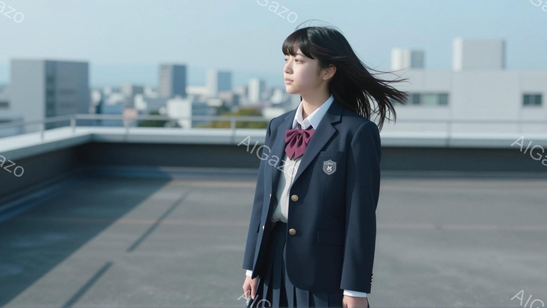 制服を着た女子高生が屋上に立っている。彼女は濃い色のブレザーに、白のシャツとチェック柄のリボン、プリーツスカートを着用しており、髪は肩まで伸びて風になびいている。背景には、晴れた空と都市の建物群が広がっており、全体的に爽やかで少し寂しげな雰囲気である。