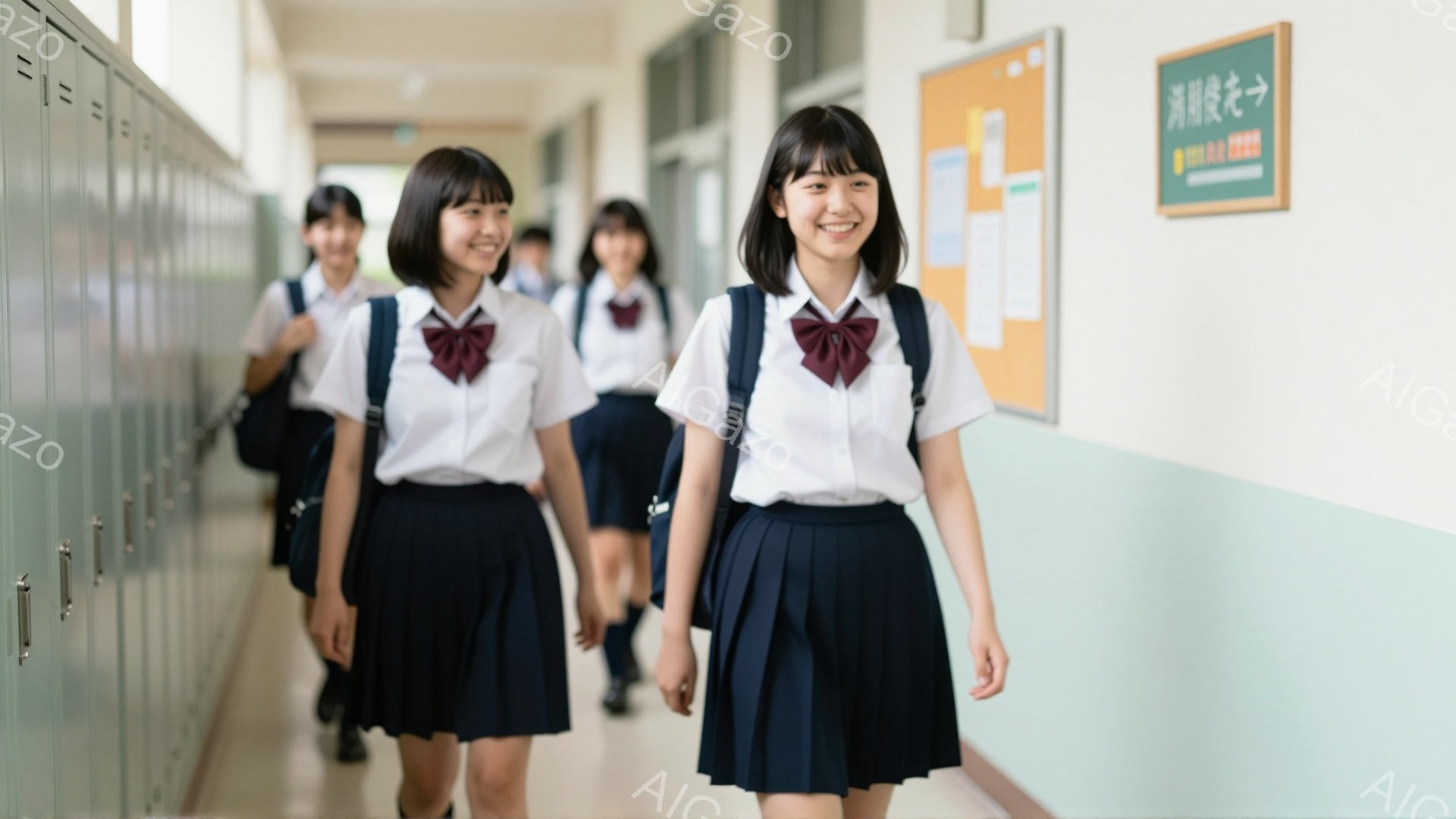 制服姿の女子学生たちが廊下を歩いている写真です。紺色のブレザーに白いシャツ、赤いリボン、プリーツスカートを着用し、皆笑顔で前を見つめています。廊下の壁にはロッカーが並び、掲示板が見え、明るく清潔な学校 - AI生成フリー素材