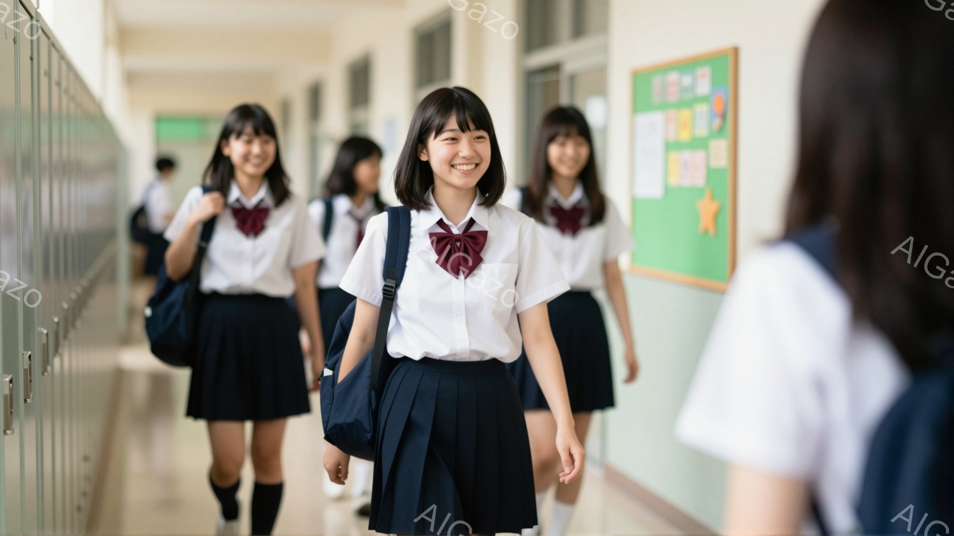 制服を着た女子学生たちが廊下を歩いている様子が描かれています。白いブラウスに濃い青色のスカート、赤いリボンが特徴的で、皆それぞれ肩にバッグを掛けています。廊下の壁は明るい色で、掲示板が設置されており、学校の活気ある雰囲気が伝わってきます。