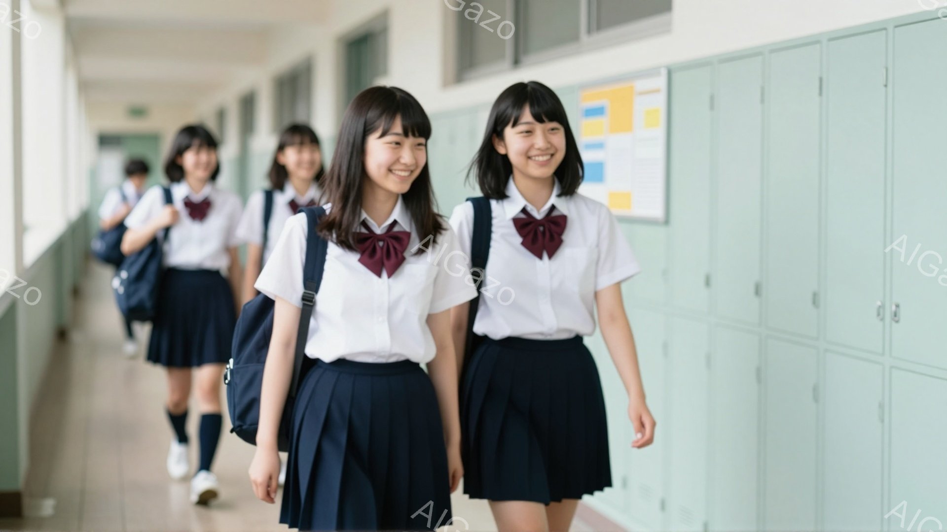制服姿の女子学生たちが廊下を歩いている様子が写っている。紺色のリボンとスカート、白いシャツという典型的な女子高生スタイルで、明るい笑顔を浮かべている。背景は緑色のキャビネットが並ぶ廊下で、他の生徒たちも歩いている。