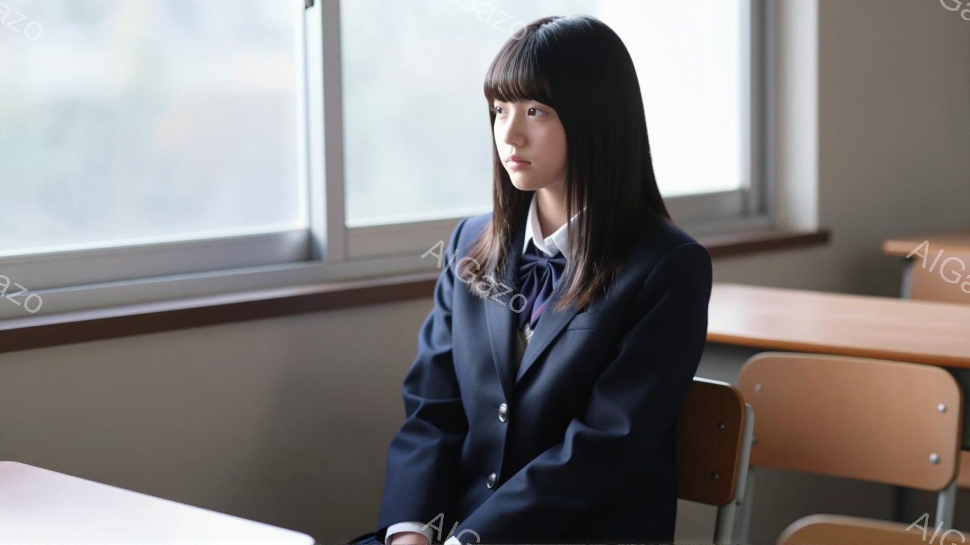 画像には、制服を着た若い女性が教室に座っています。彼女は濃い茶色の長い前髪と黒髪で、少し憂いを帯びた表情をしています。背景には、木製の机と椅子が並び、教室の窓から光が差し込んでいます。