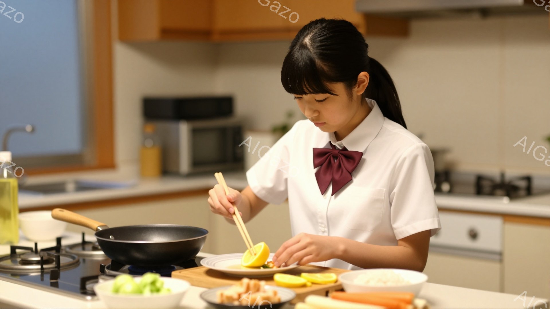 少女はキッチンで調理中であり、白いブラウスと濃い茶色のリボンが特徴的な制服を着ています。彼女は長い黒髪をポニーテールにし、真剣な表情で箸を使って黄色い野菜（おそらくカボチャ）を皿に盛り付けています。背景には、コンロ、食器棚、冷蔵庫が見え、明るく清潔な家庭的な雰囲気が漂っています。